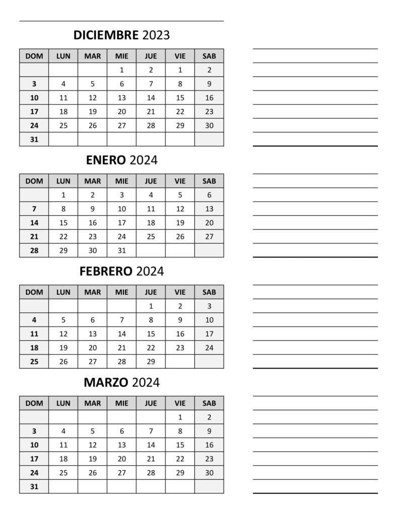 Descarga e imprime gratis el Calendario Diciembre 2023 Enero Febrero y Marzo 2024 para imprimir