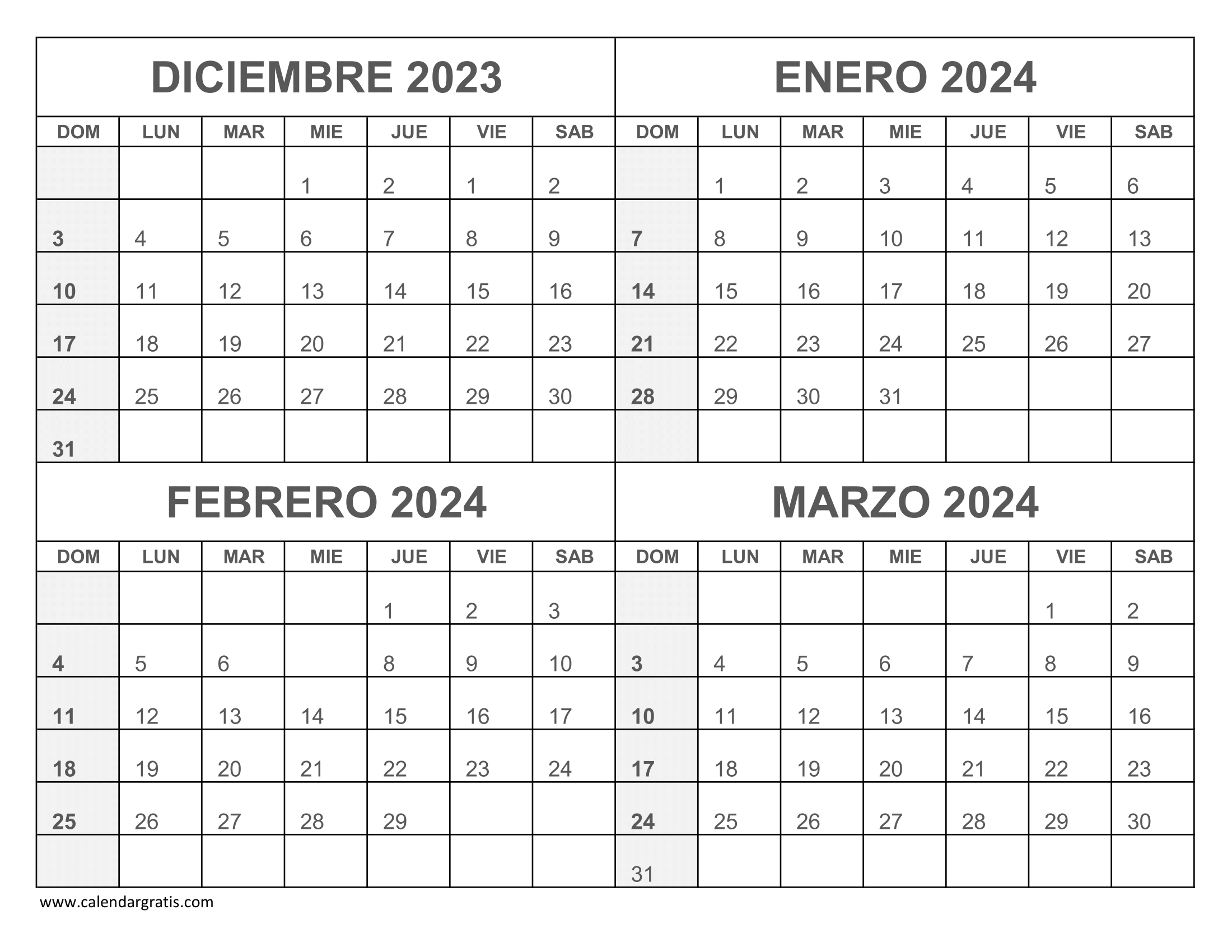 Calendario Diciembre 2023 Enero Febrero y Marzo 2024 para imprimir