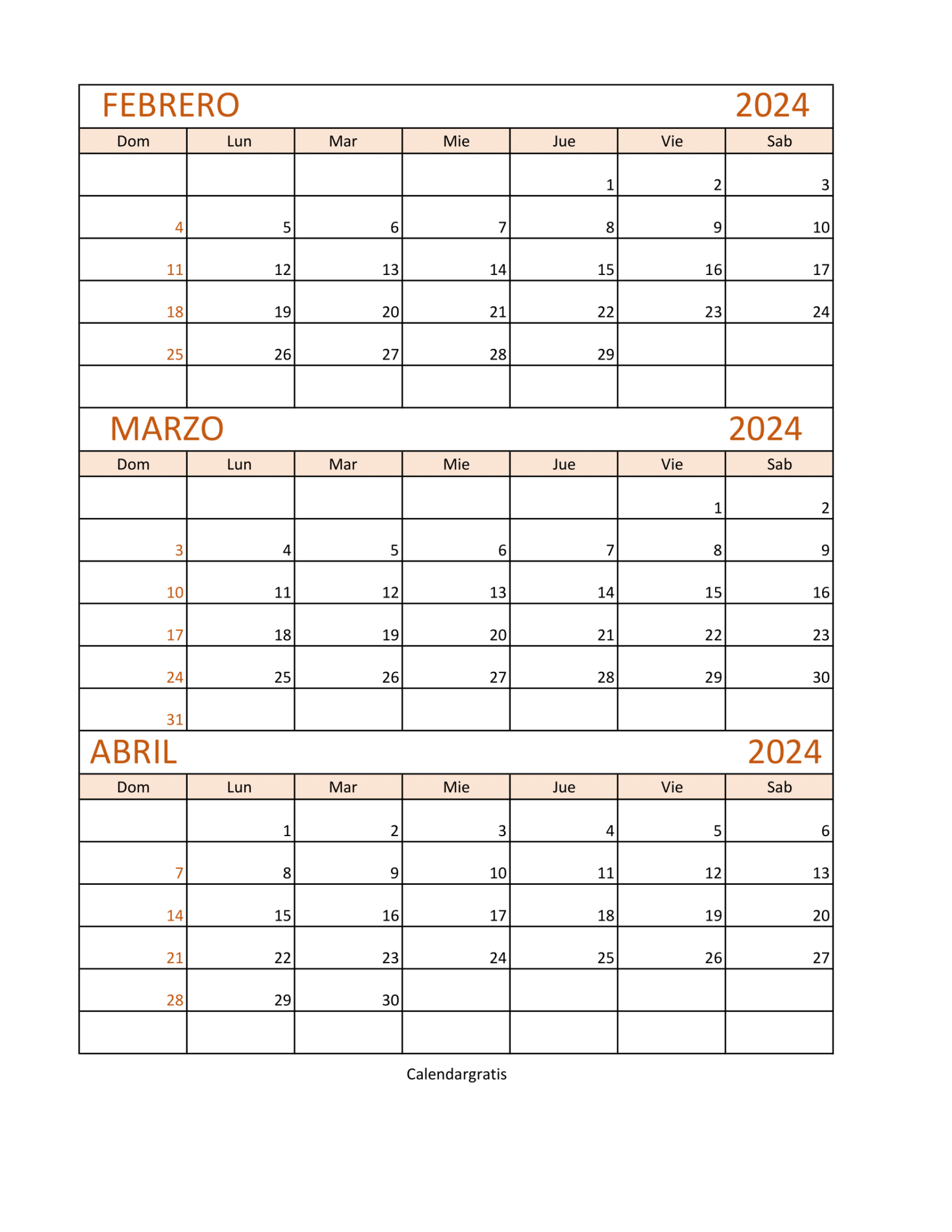 Calendario Febrero Marzo Abril 2024