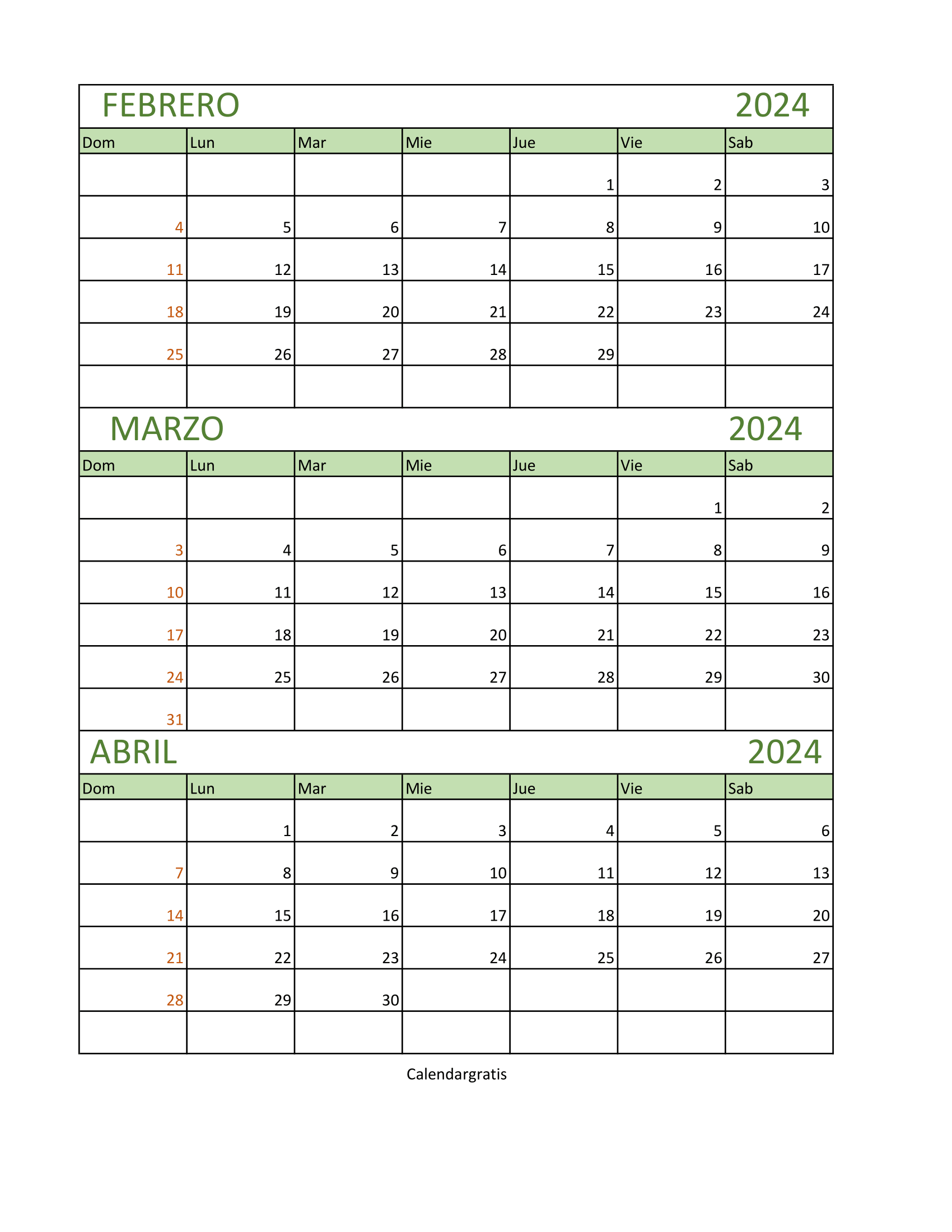 Calendario febrero marzo abril 2024 para imprimir