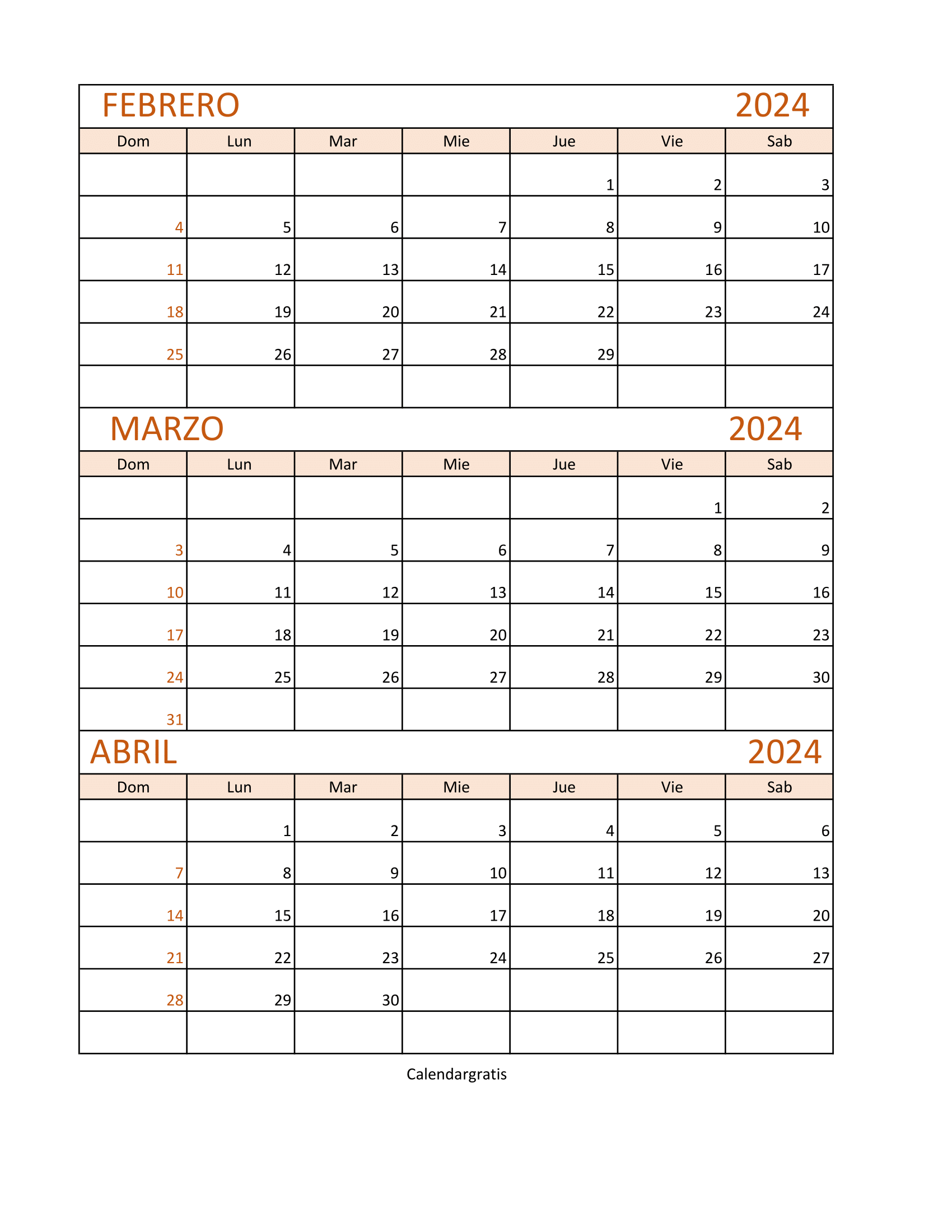 Calendario febrero marzo abril 2024