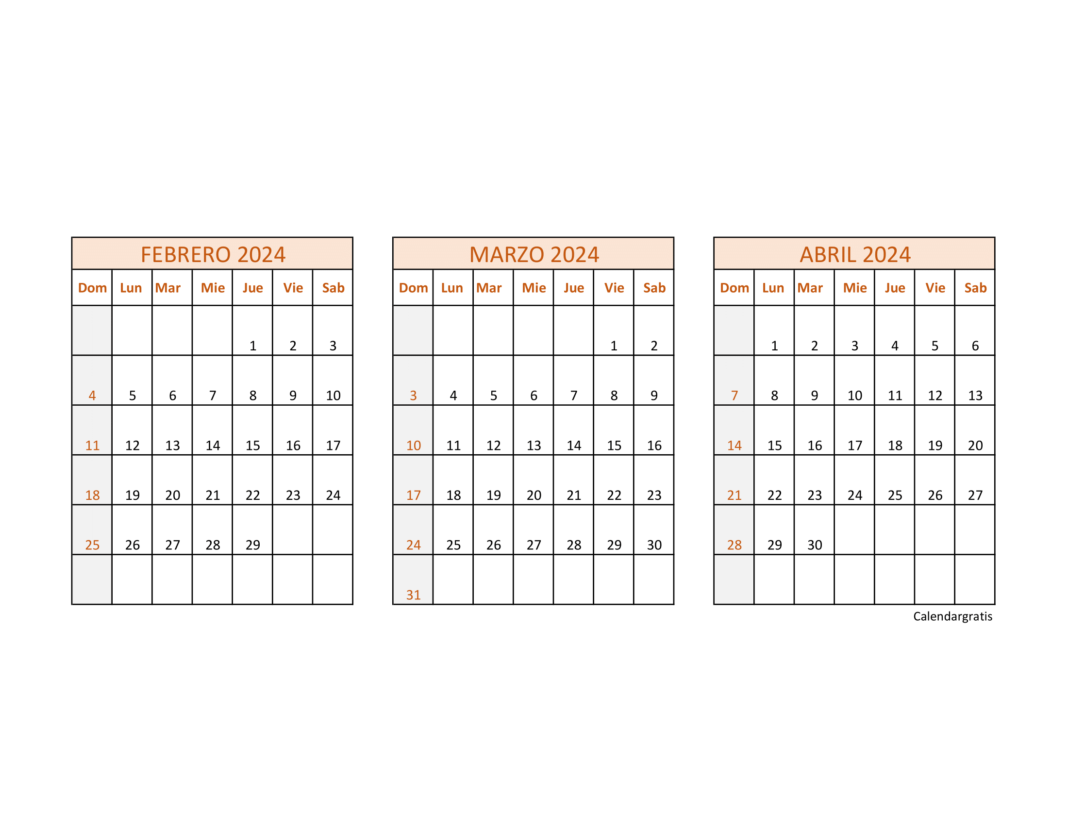 Descraga Calendario febrero marzo abril 2024