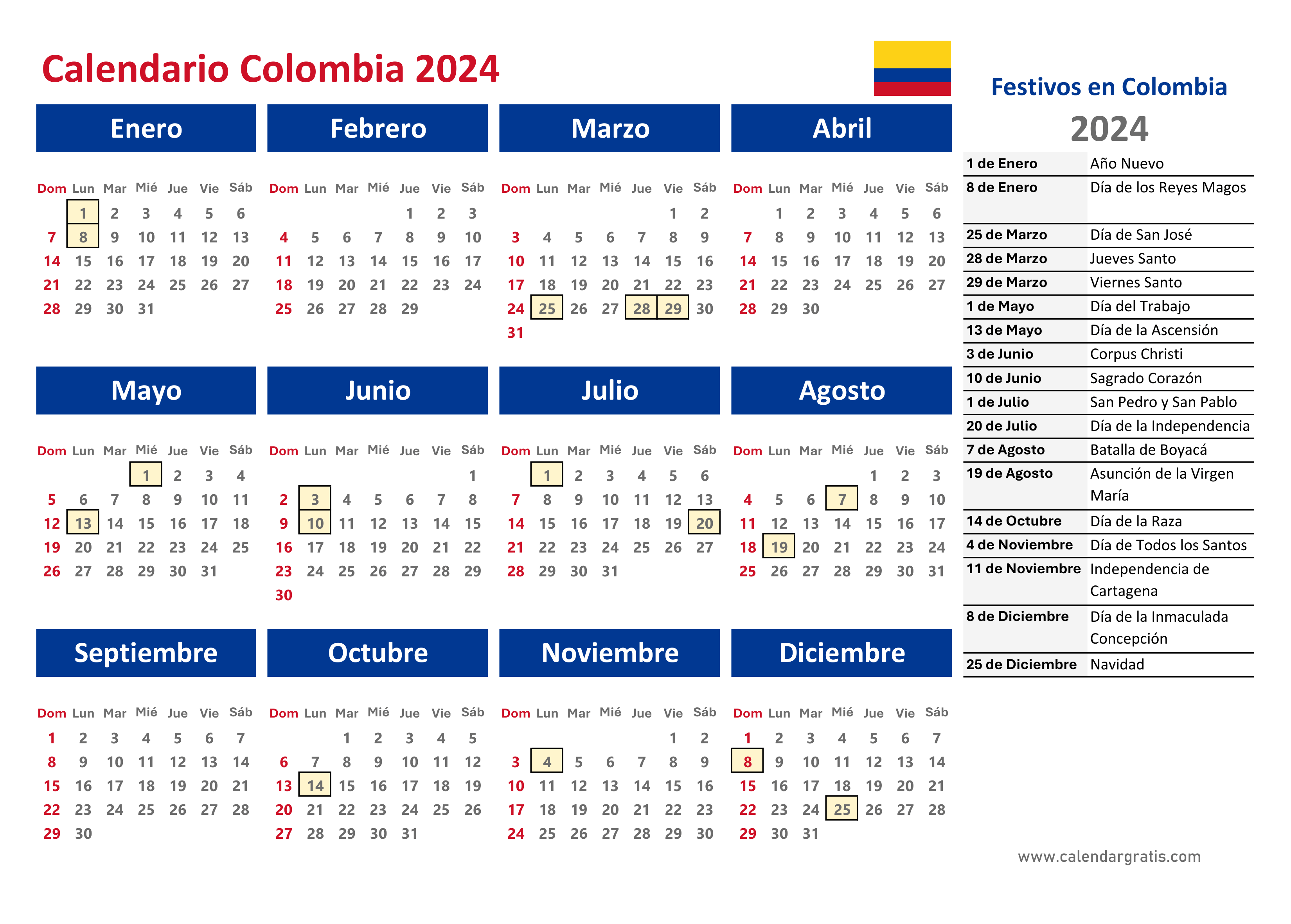 Calendario 2024 Colombia con Festivos de diseño hermoso, mostrando una lista completa de festivos de Colombia para el 2024 en el lado derecho del calendario.