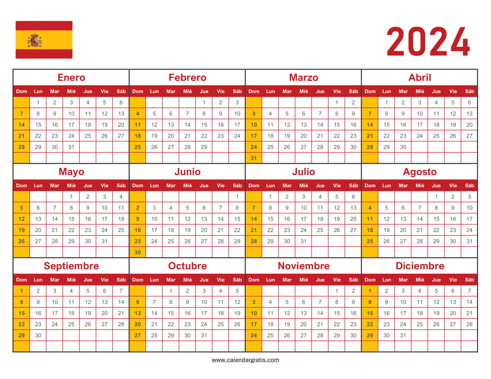 Calendario 2024 España para Imprimir - Descarga Gratis