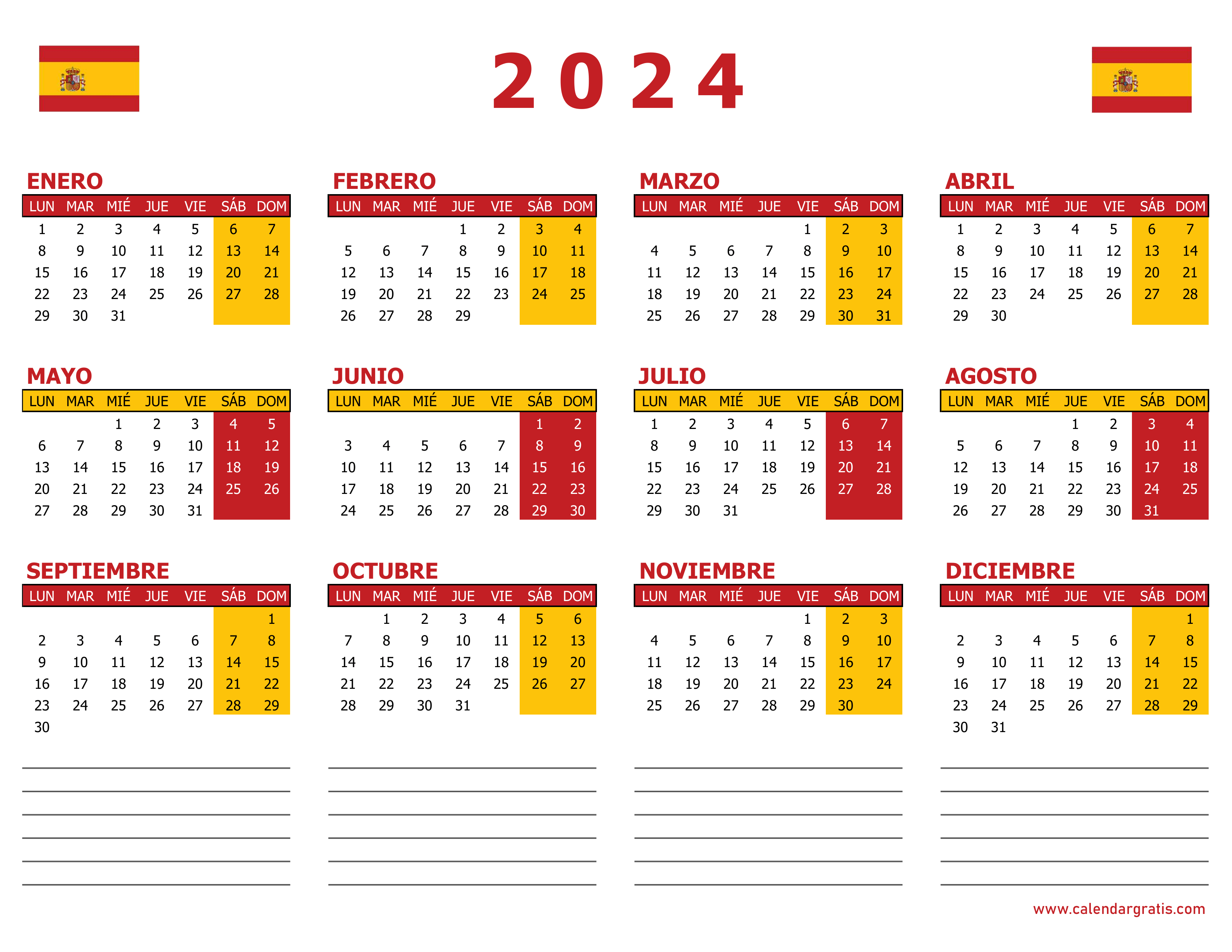 Calendario español para imprimir del año 2024, con la bandera de España y una sección de notas en la parte inferior.