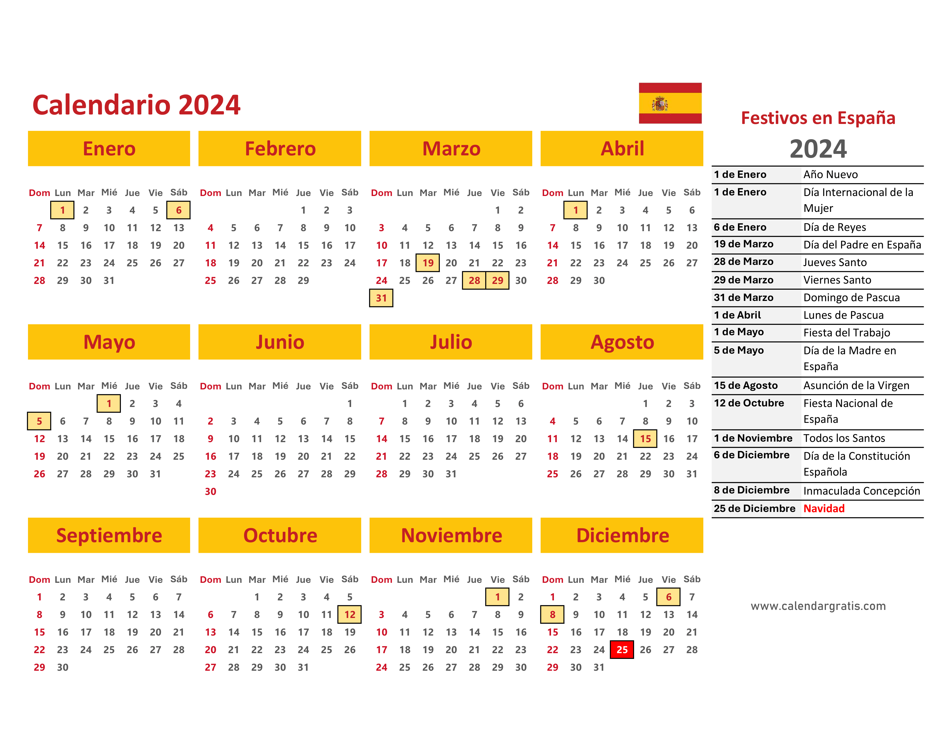 Calendario 2024 de España, resaltando los festivos nacionales como el 1 de enero (Año Nuevo), 29 de marzo (Viernes Santo), 1 de mayo (Día del trabajador), 15 de agosto (Asunción de la Virgen), y el 12 de octubre (Fiesta Nacional de España) entre otros.