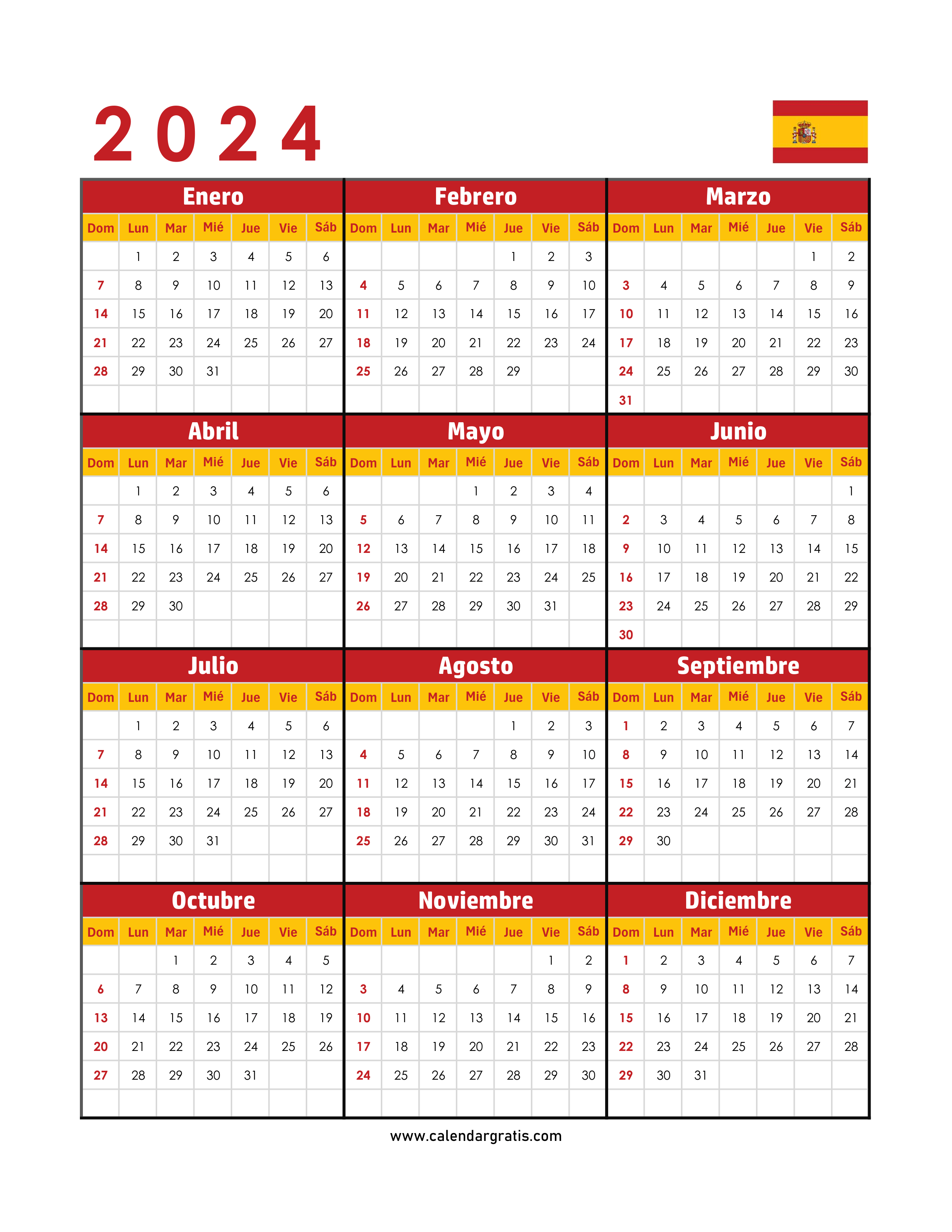 Imagen de un Calendario 2024 vertical en español para imprimir, con los meses ordenados de enero a diciembre y espacio para notas.