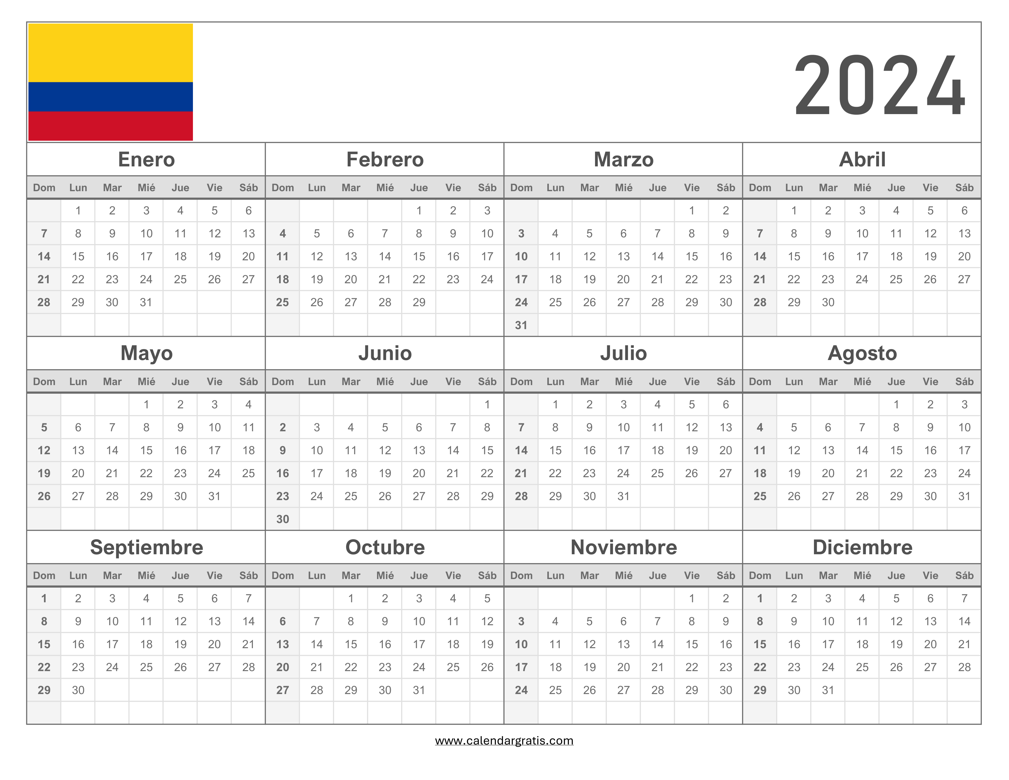 Calendario Anual 2024 Colombia