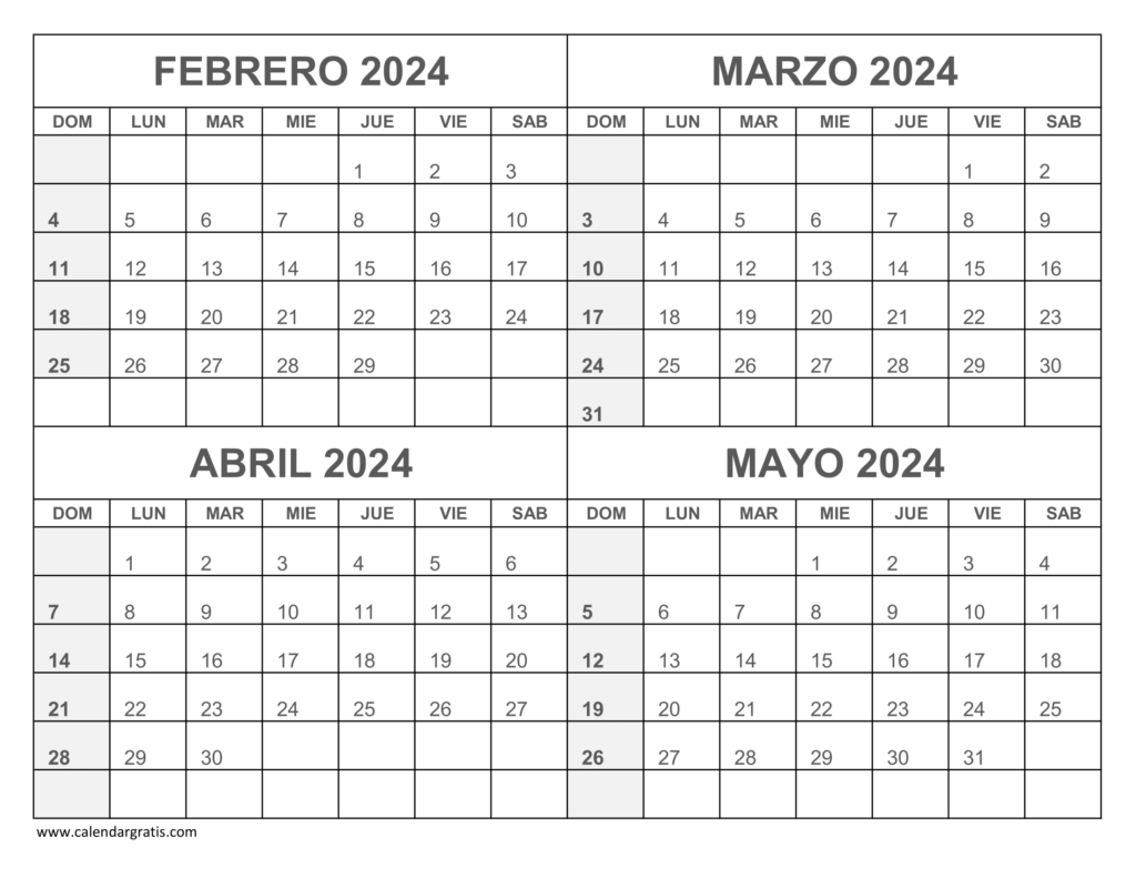 calendario febrero marzo abril mayo 2024