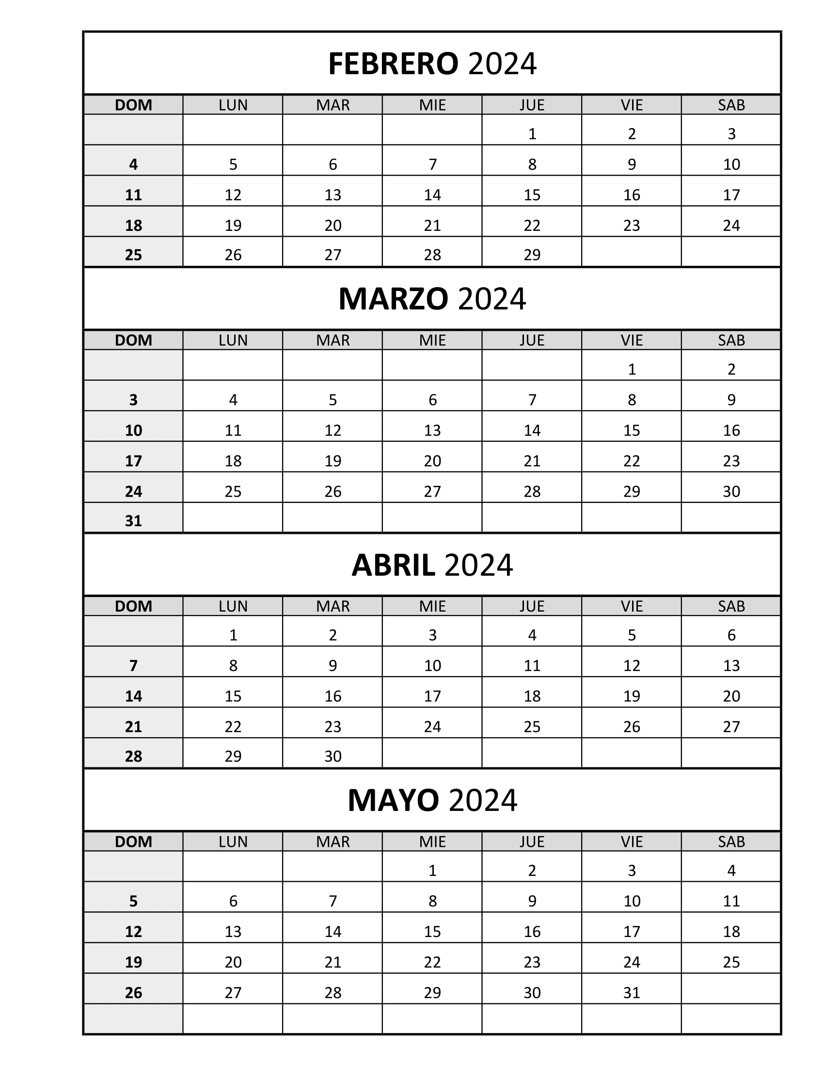Calendario Febrero Marzo Abril Mayo 2024 Gratis