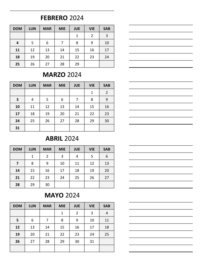 calendario febrero marzo abril mayo 2024