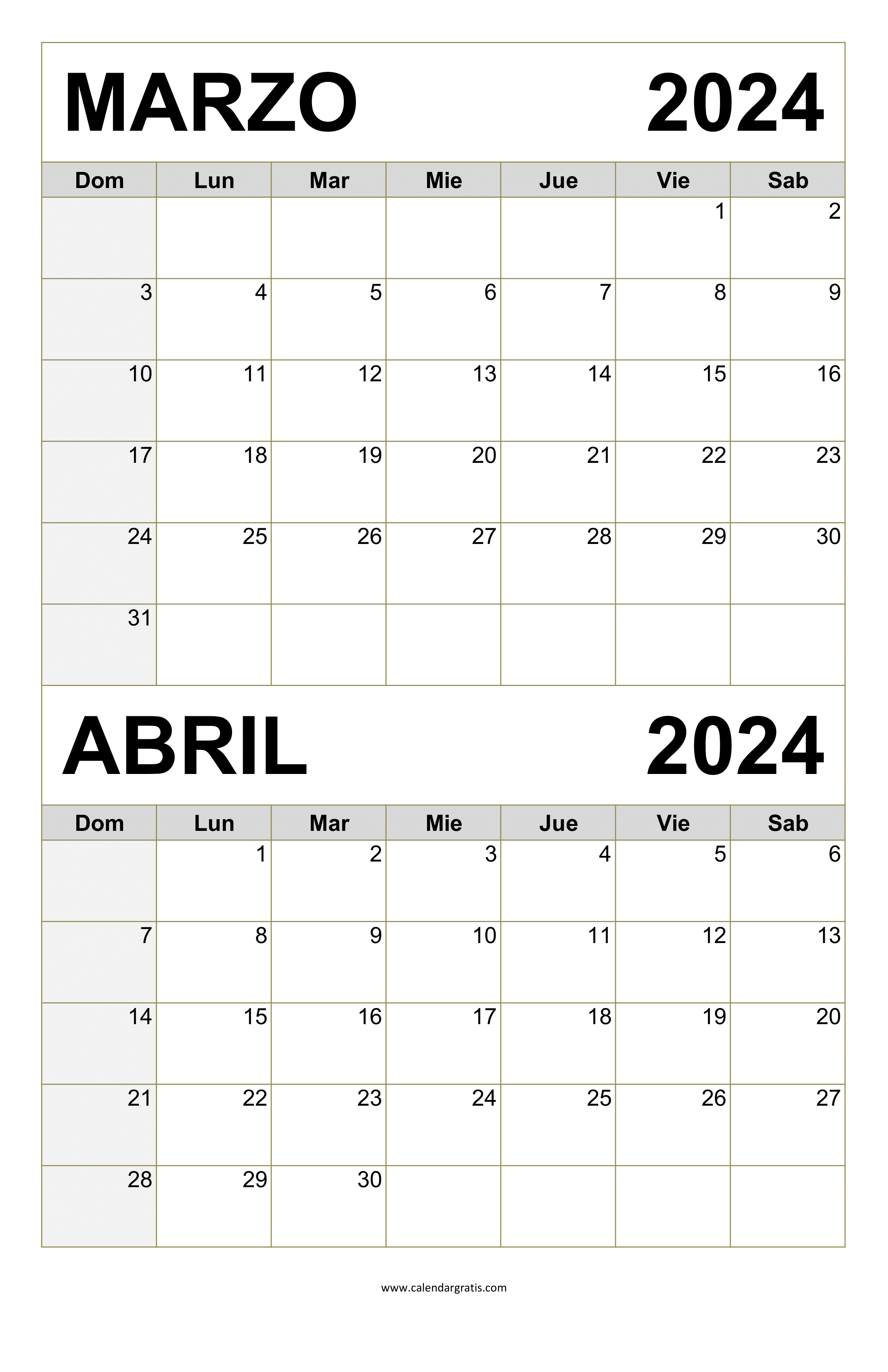 Calendario Marzo Abril 2024 Para Imprimir