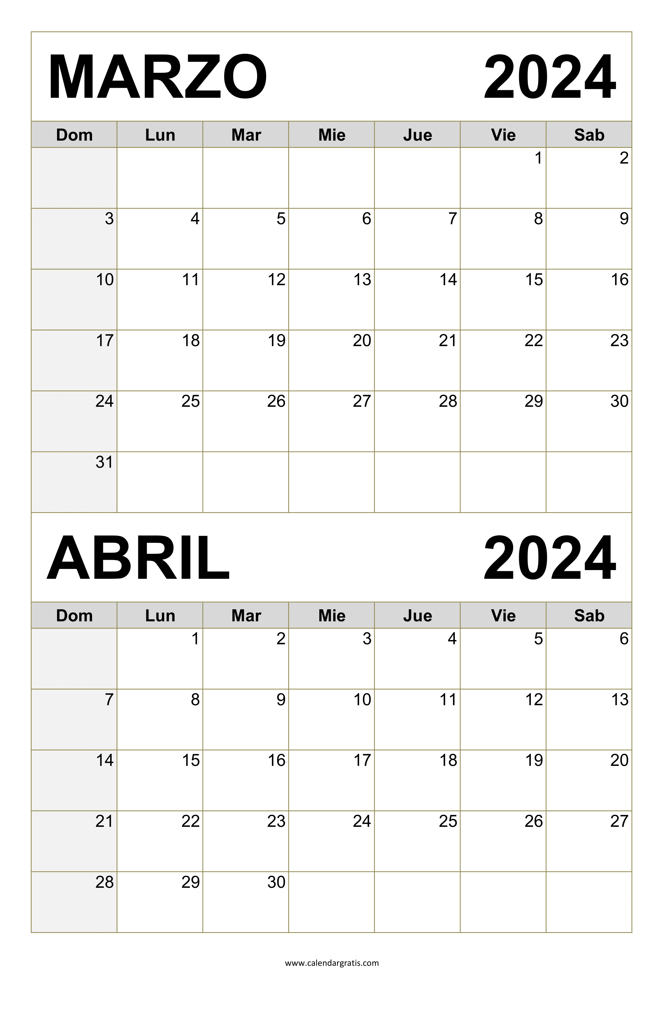 Calendario marzo y abril 2023 para imprimir