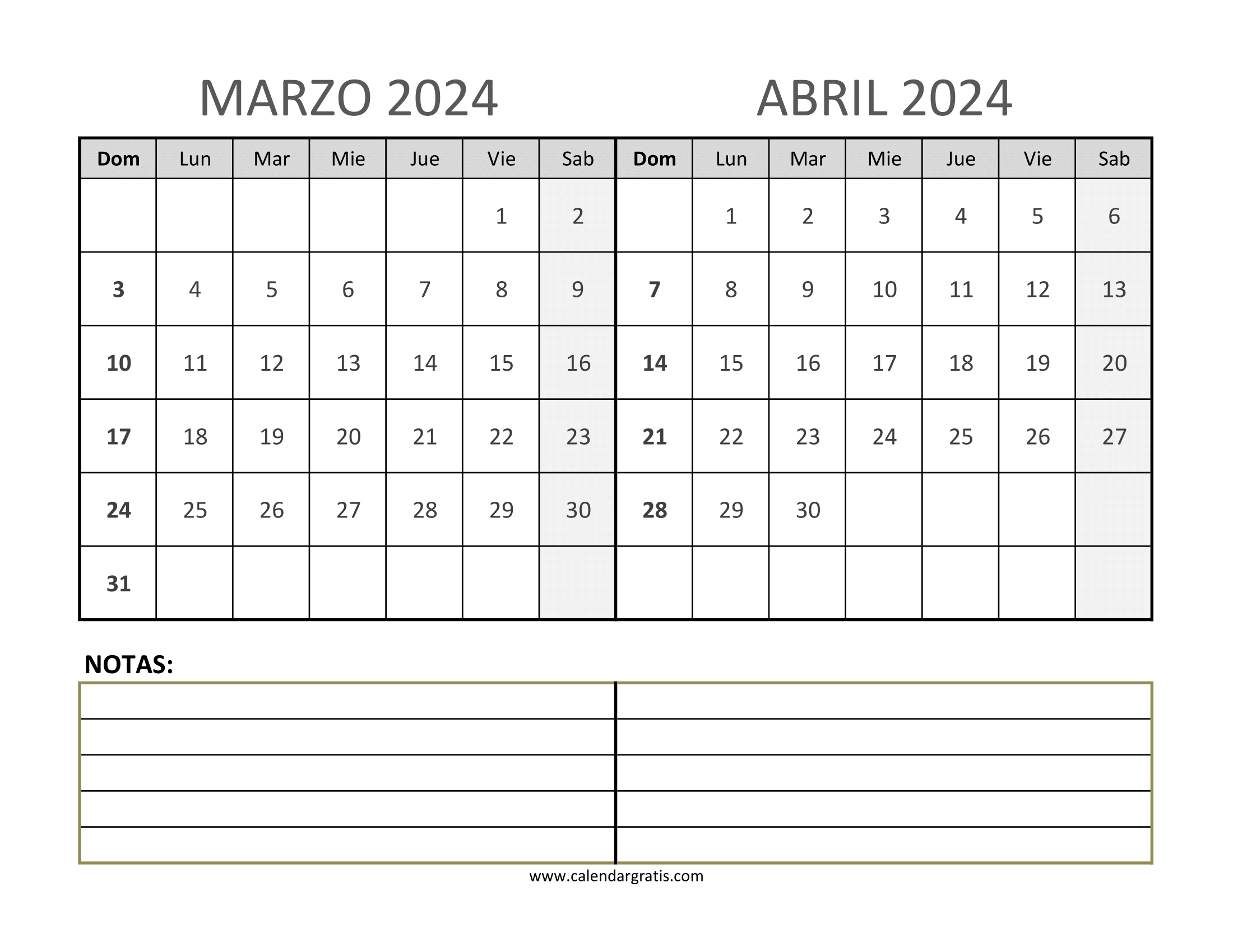 Calendario Marzo y Abril 2024 con Notas
