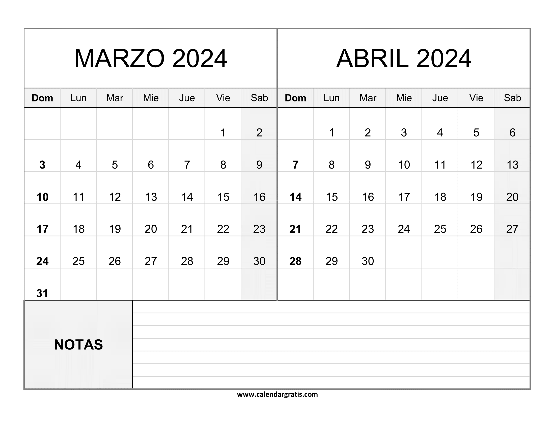 Calendario Marzo Abril 2024 gratis con Notas