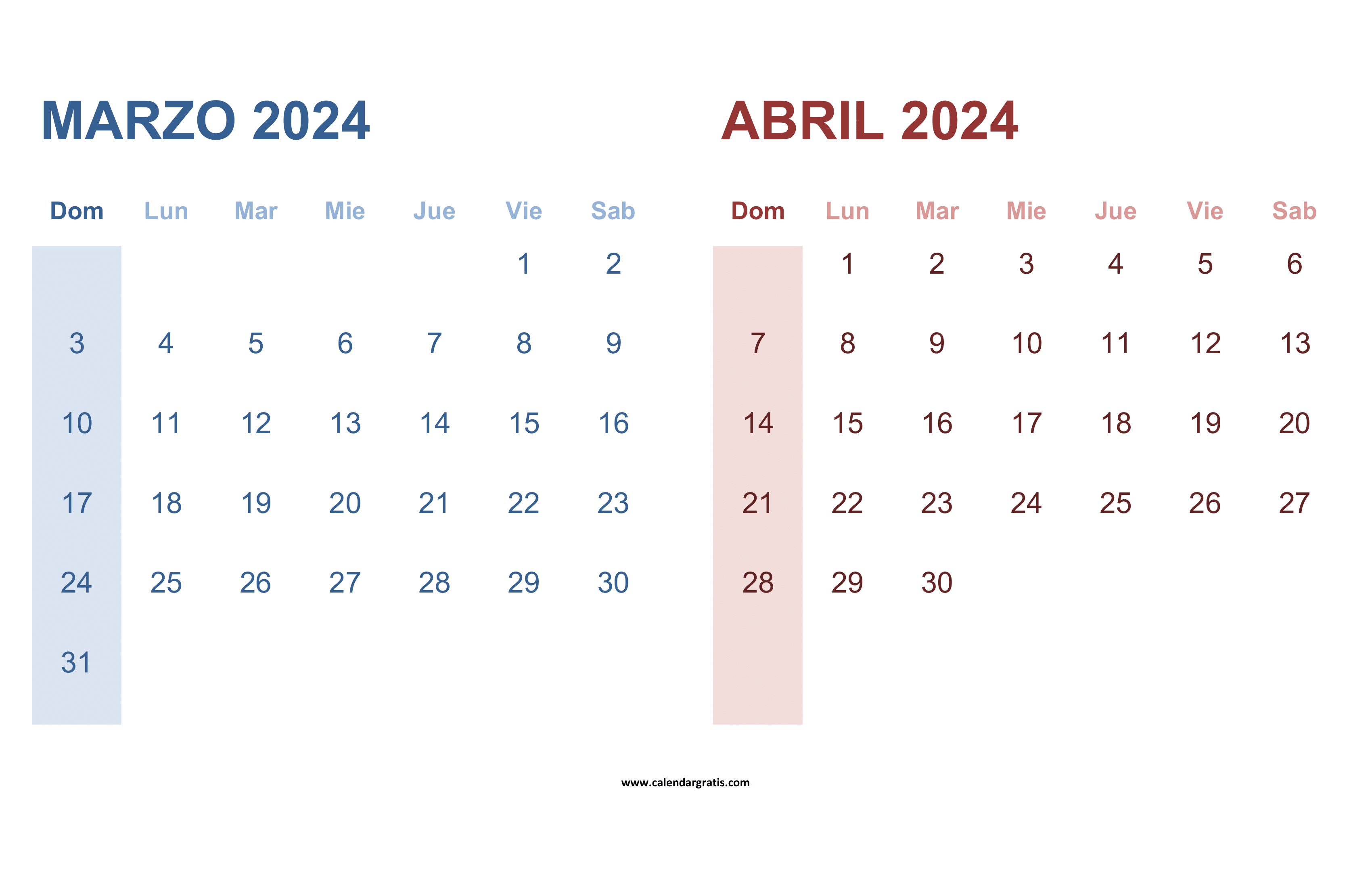 Calendario de Marzo Abril 2024 gratis