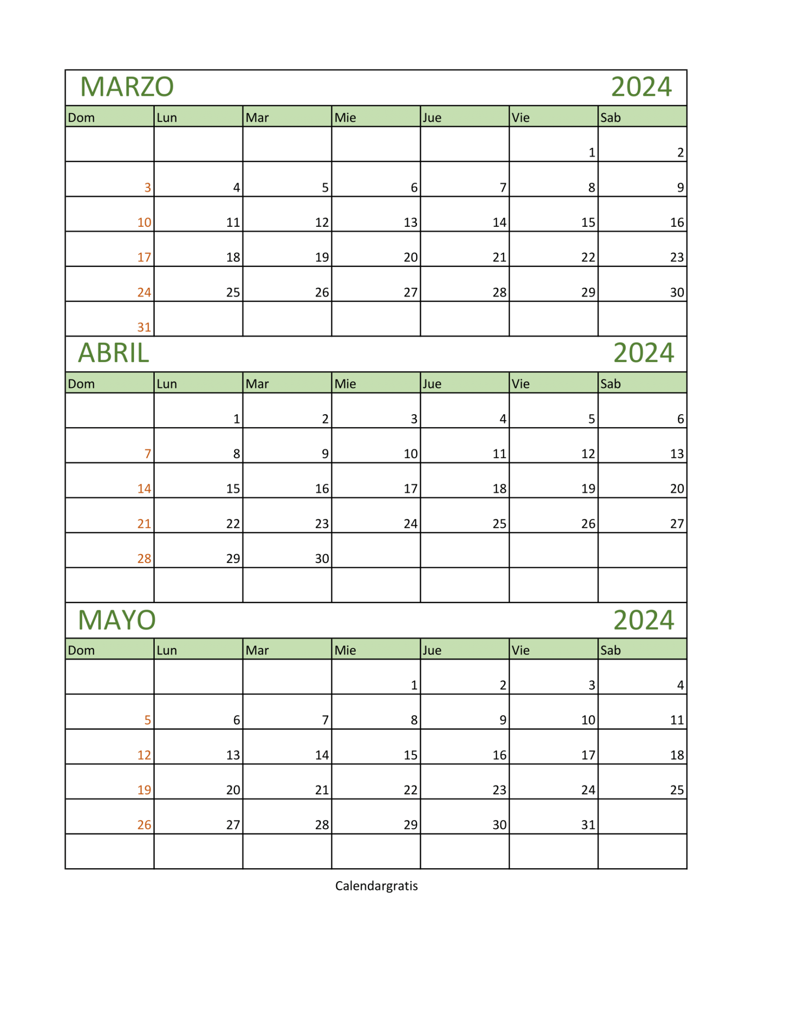 Calendario Marzo Abril y Mayo 2024