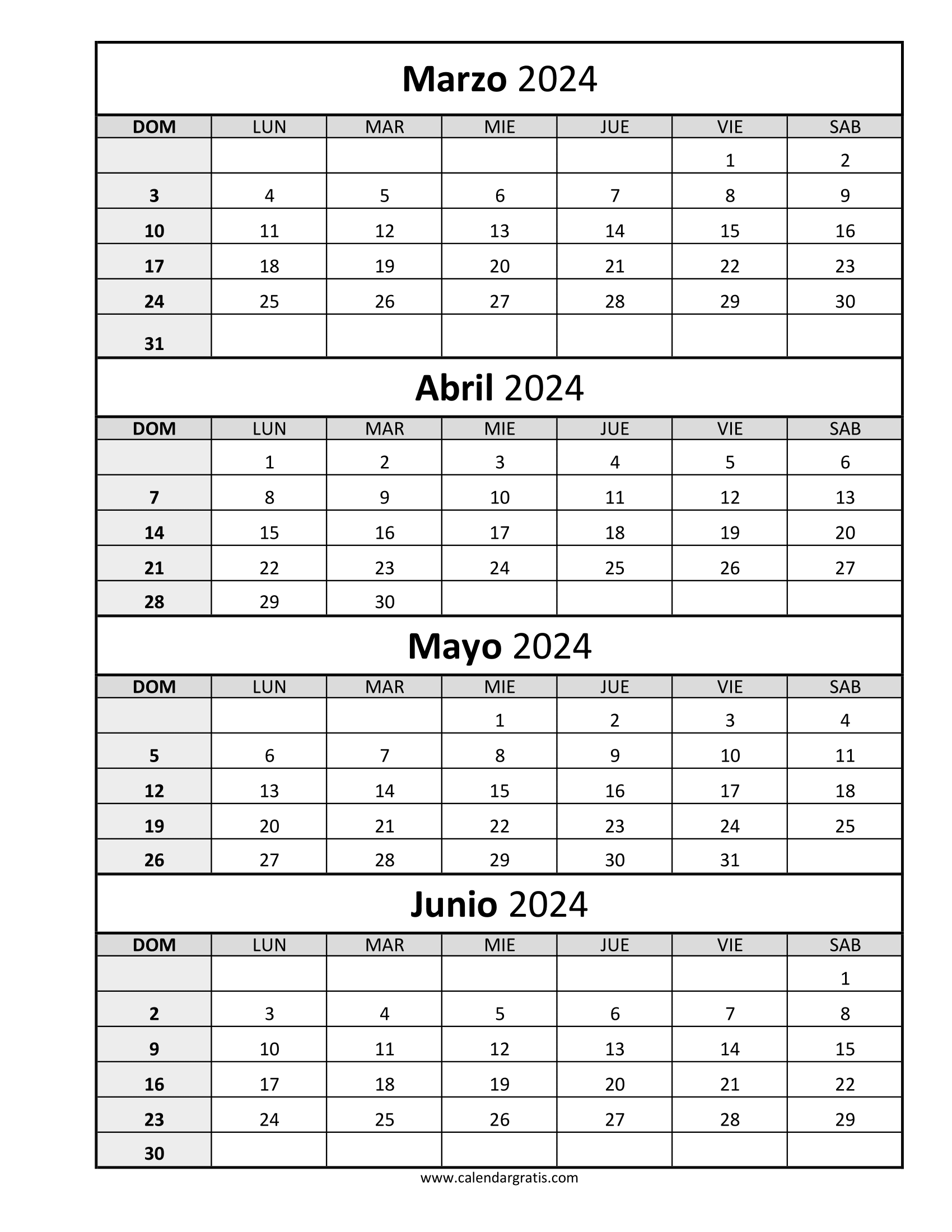 Calendario Marzo Abril Mayo Junio 2024