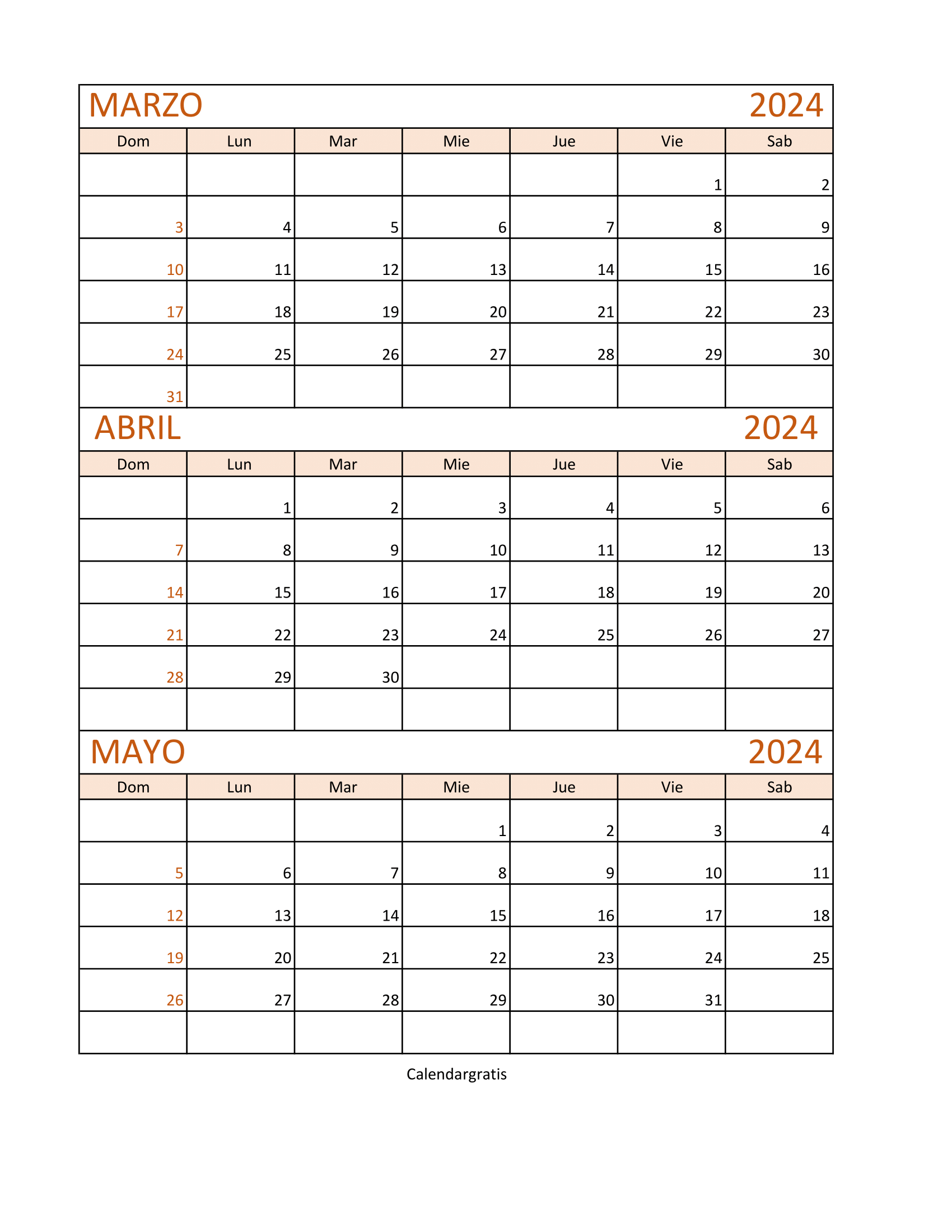 Calendario Marzo Abril y Mayo 2024