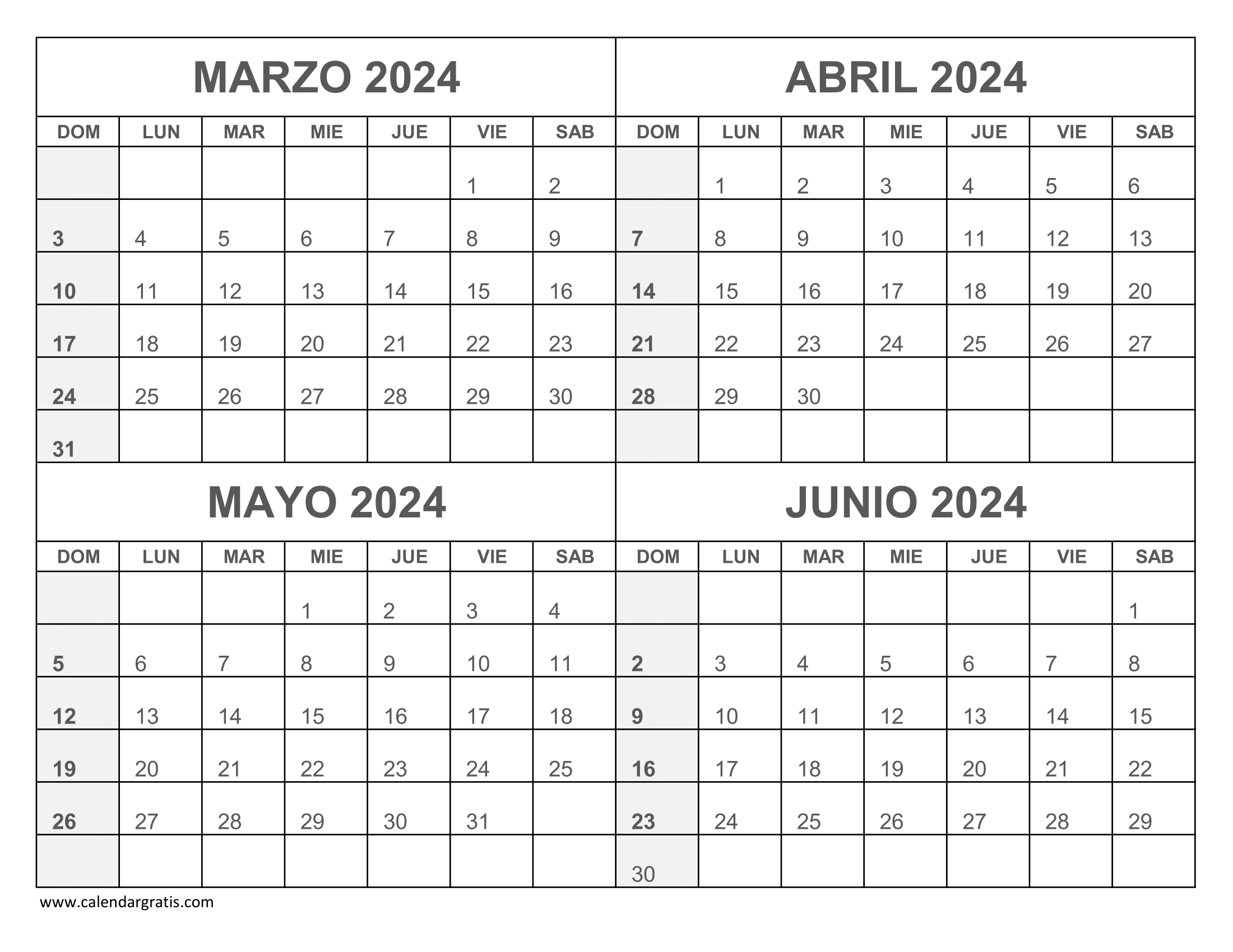 Calendario Marzo a Junio 2024