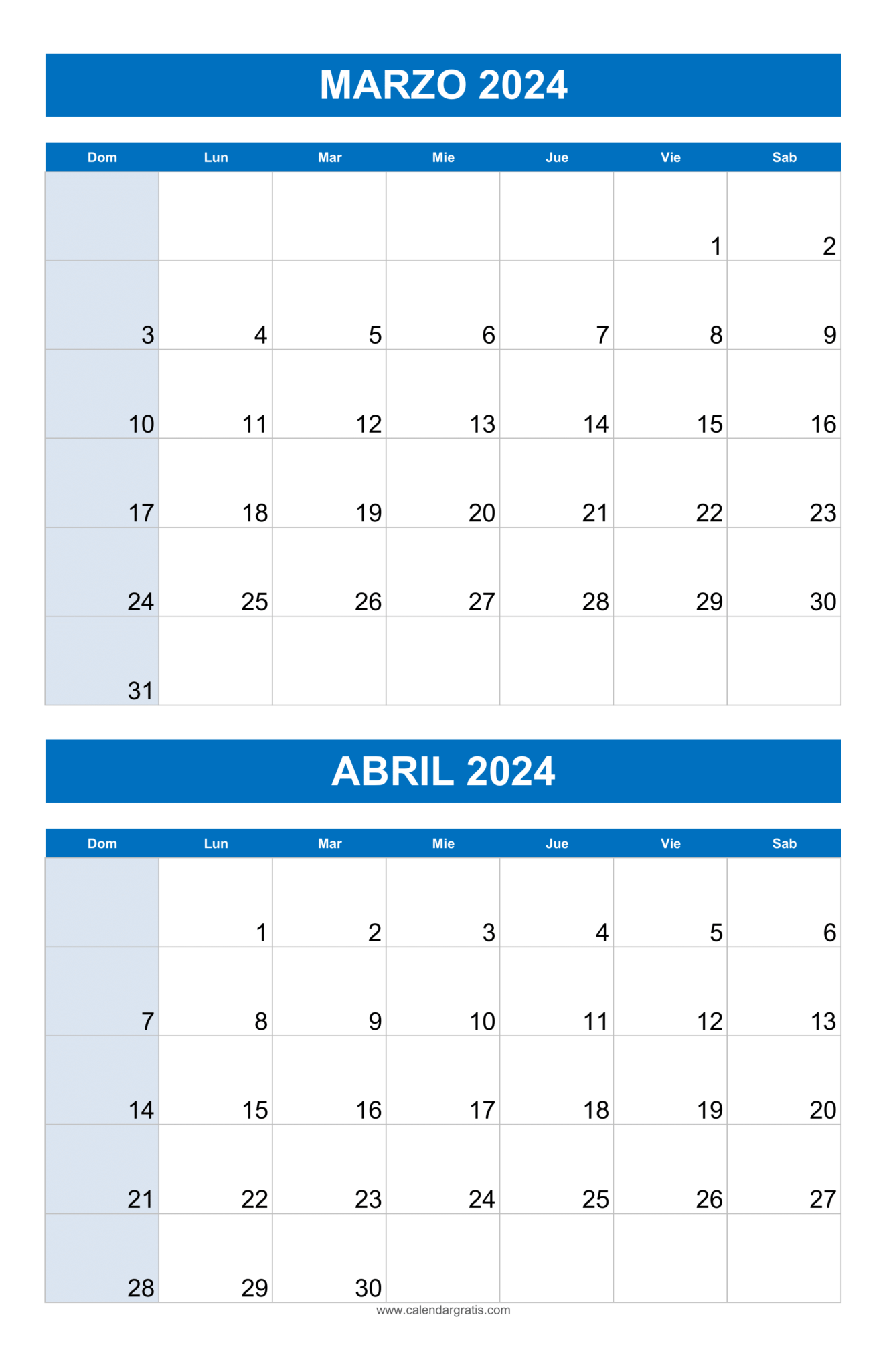 Calendario Marzo y Abril 2024