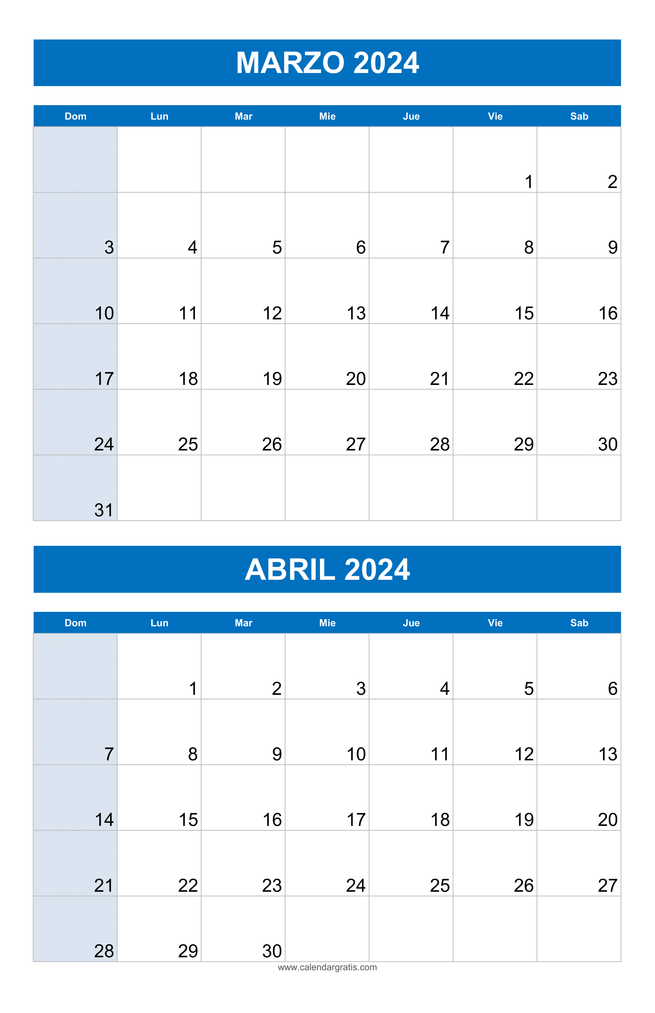 Calendario de Marzo Abril 2024