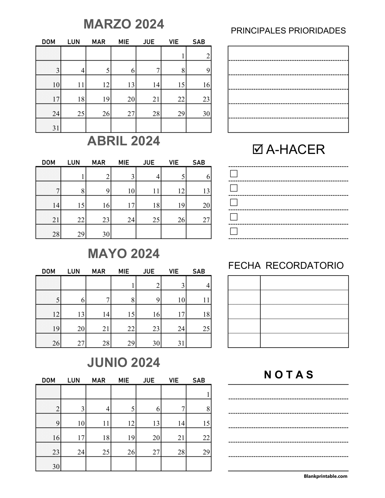 Calendario Marzo Abril Mayo Junio 2024