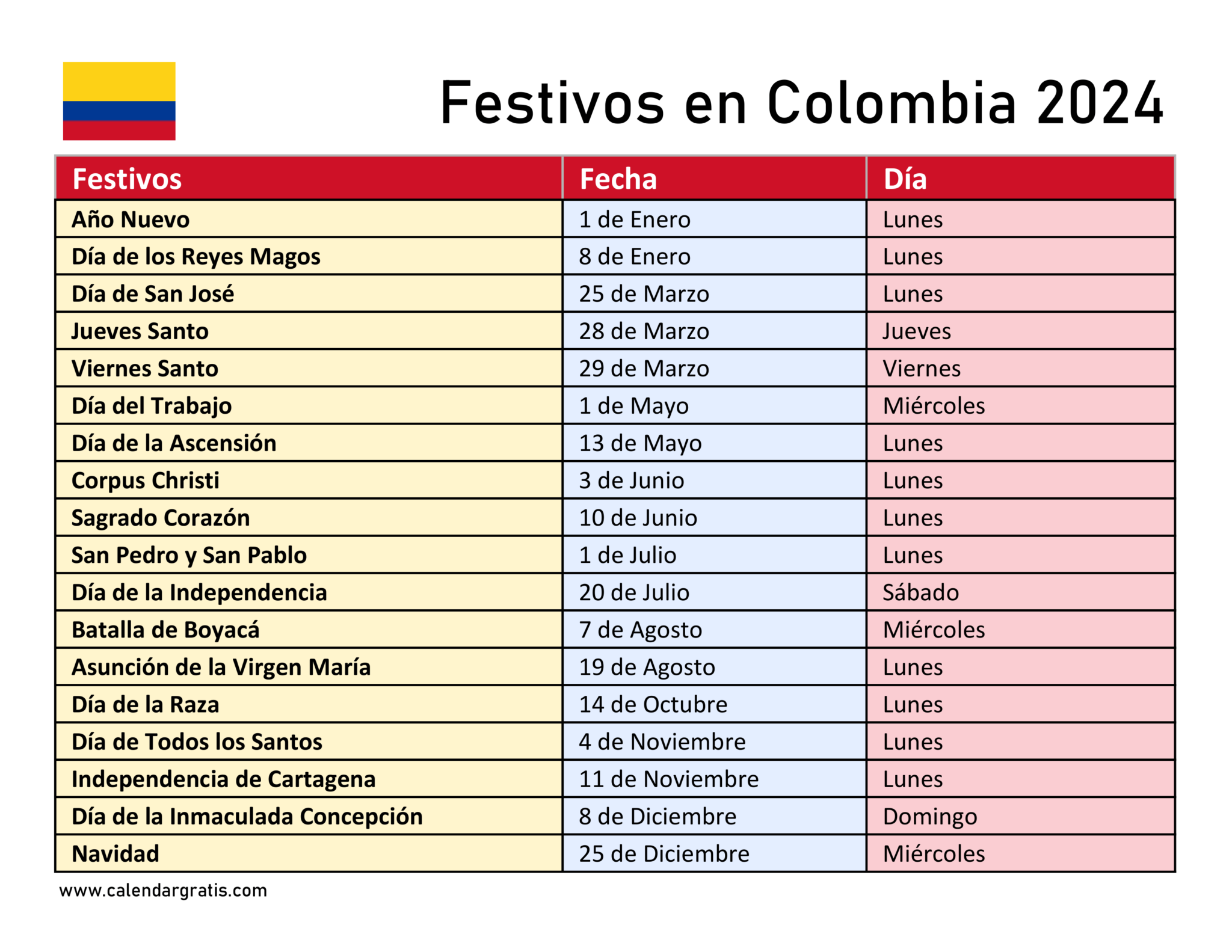 Calendario 2024 Colombia con Festivos para Imprimir