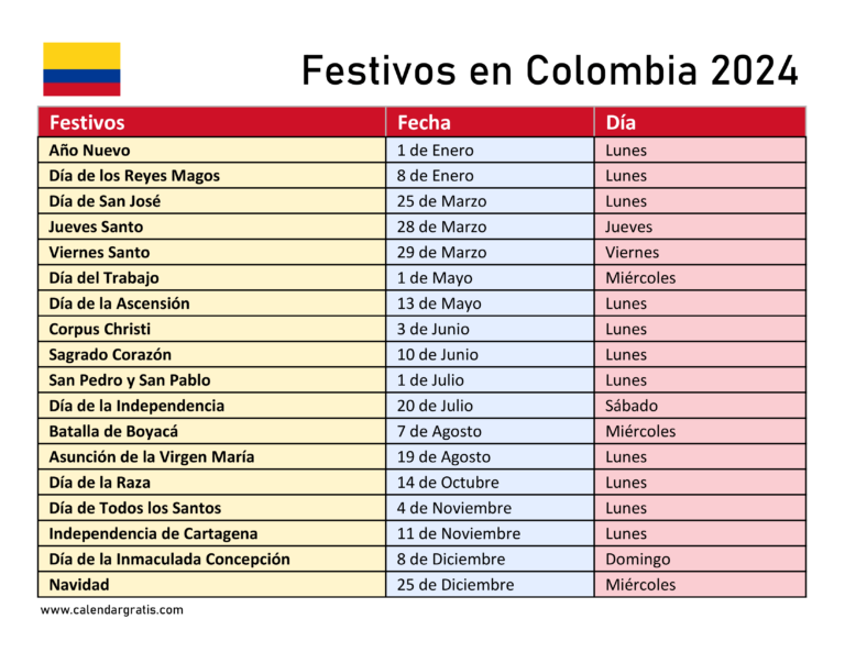 Calendario 2024 Colombia con Festivos para Imprimir