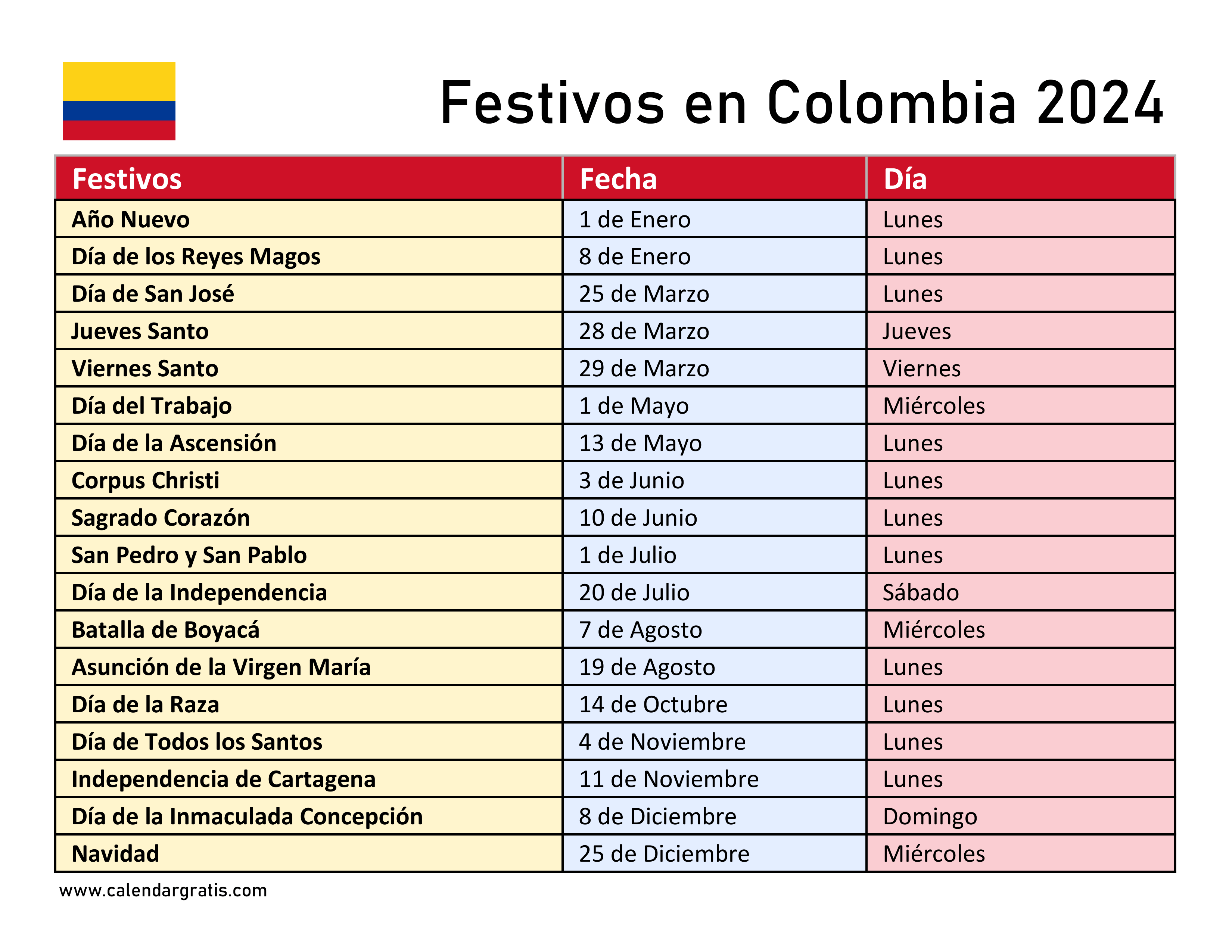 Imagen ilustrativa del Calendario de Festivos en Colombia para el año 2024, mostrando una lista completa de todas las fechas festivas y días importantes del año en un formato claro y sencillo.