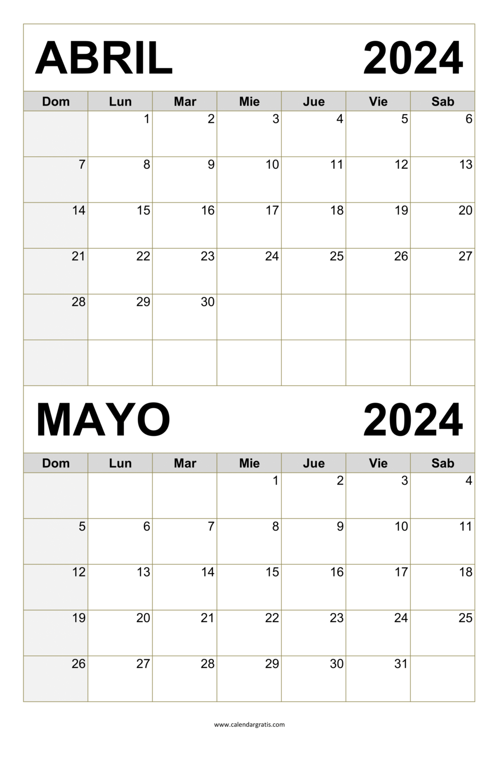 Calendario Abril y Mayo 2024