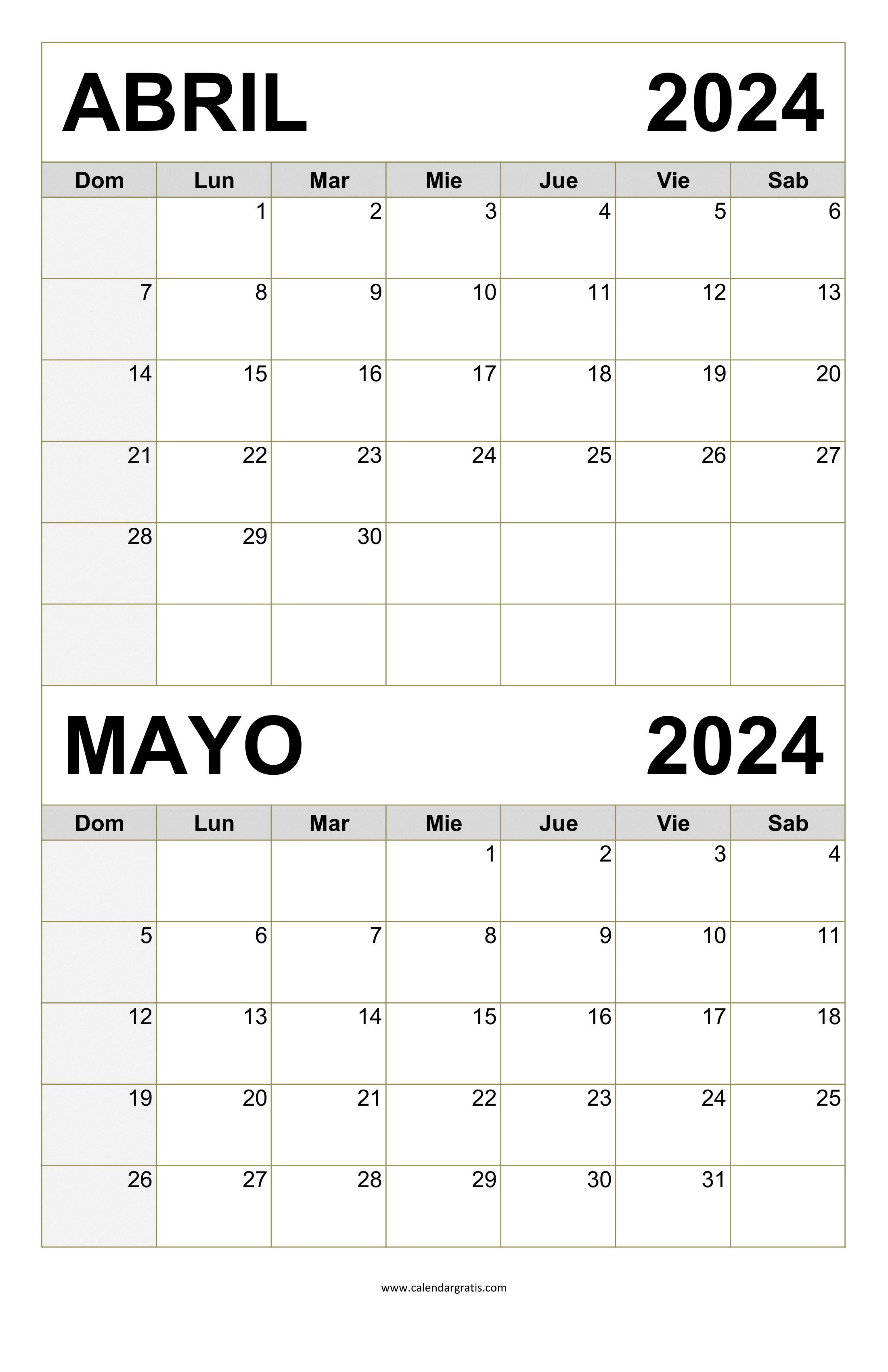 Calendario Abril Mayo 2024 Gratis