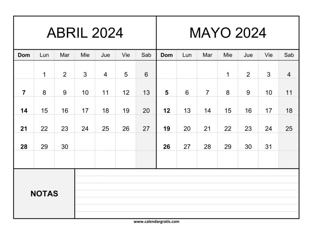 Calendario Abril Mayo 2024 para imprimir notas