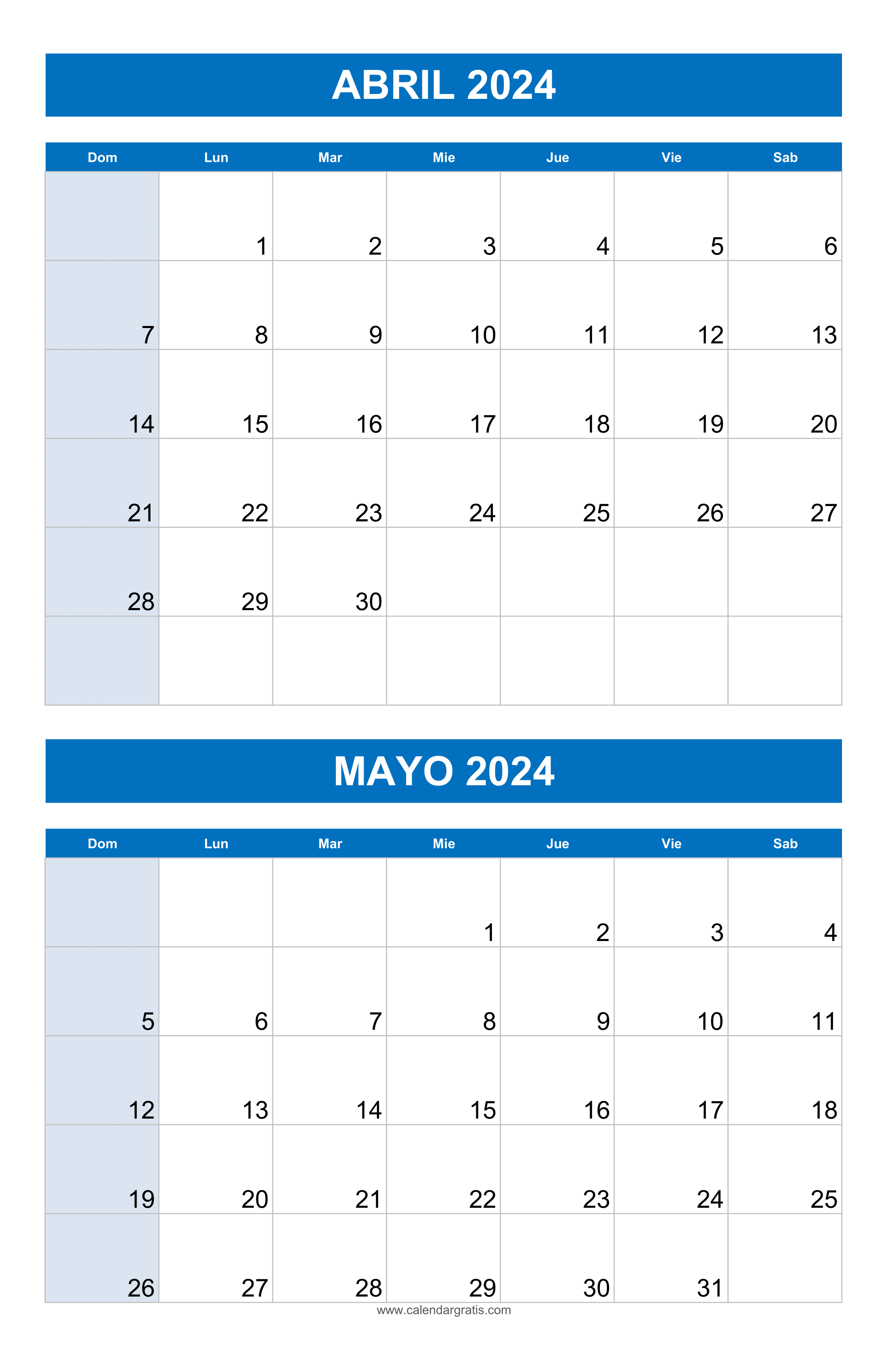 Calendario Abril Mayo 2024 para imprimir