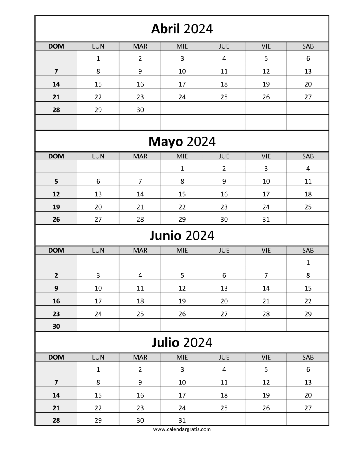 Calendario Abril Mayo Junio y Julio 2024