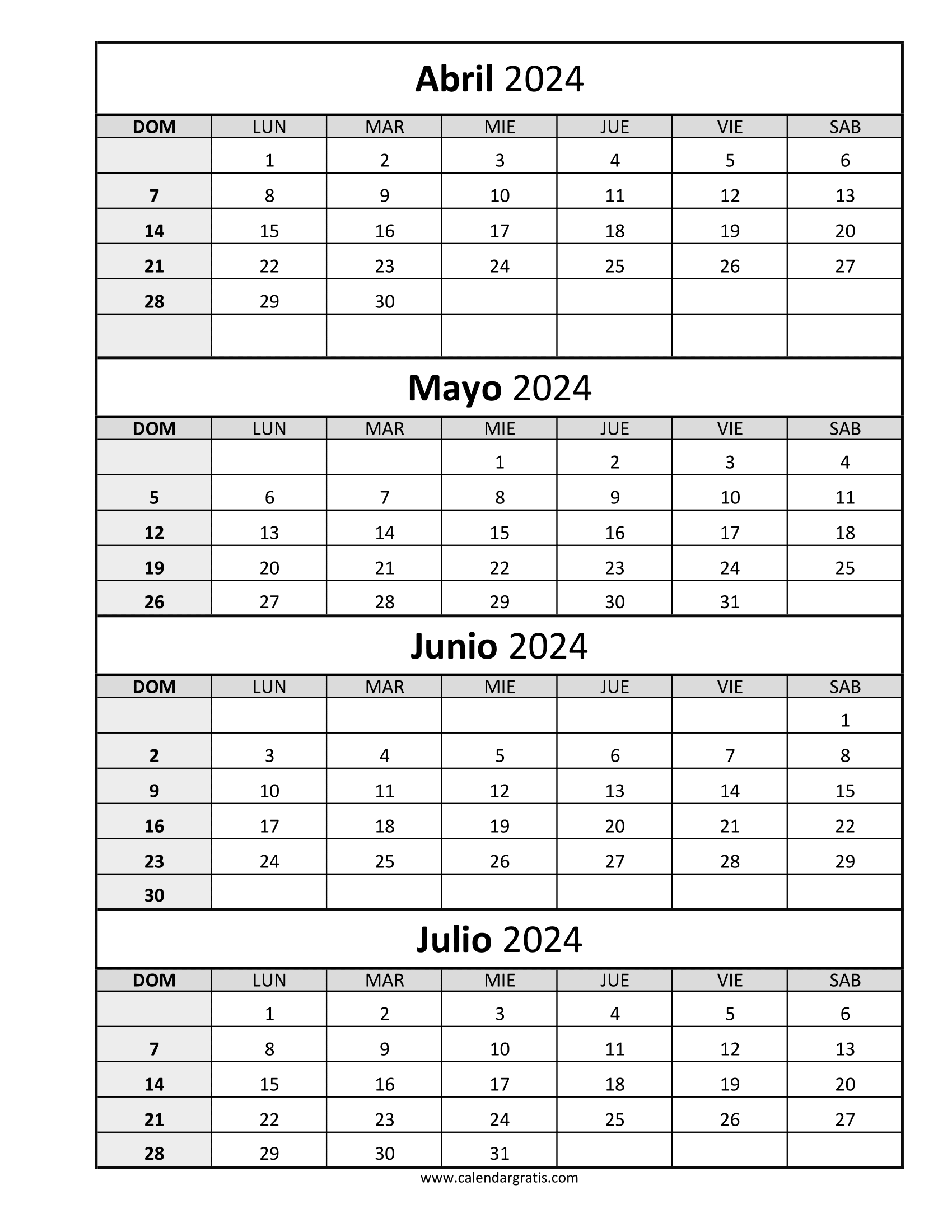 Calendario Abril Mayo Junio y Julio 2024 Gratis