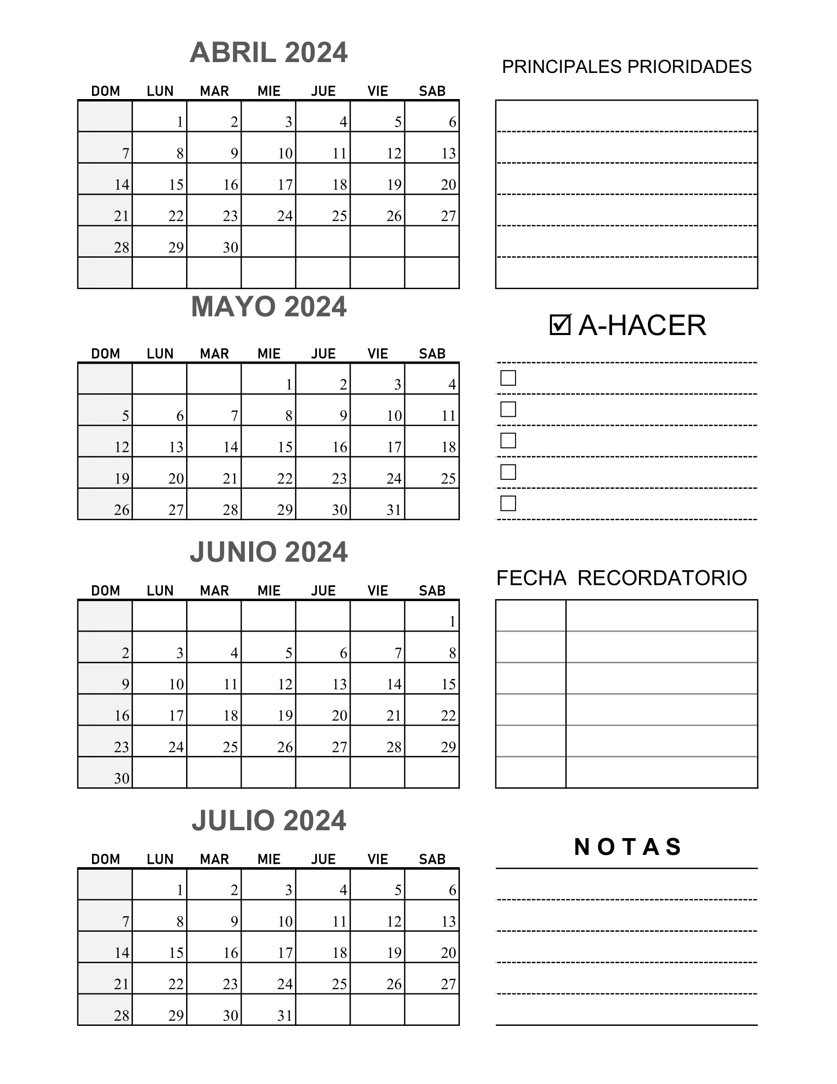 Calendario Abril Mayo Junio y Julio 2024 Para