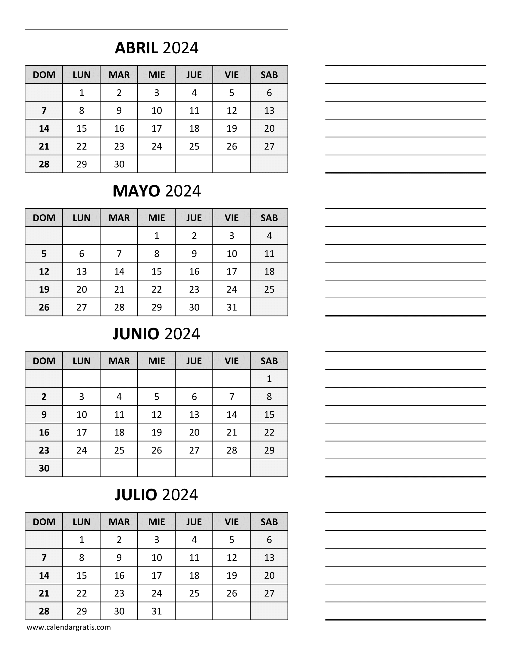 Calendario Abril Mayo Junio y Julio 2024 Para Imprimir