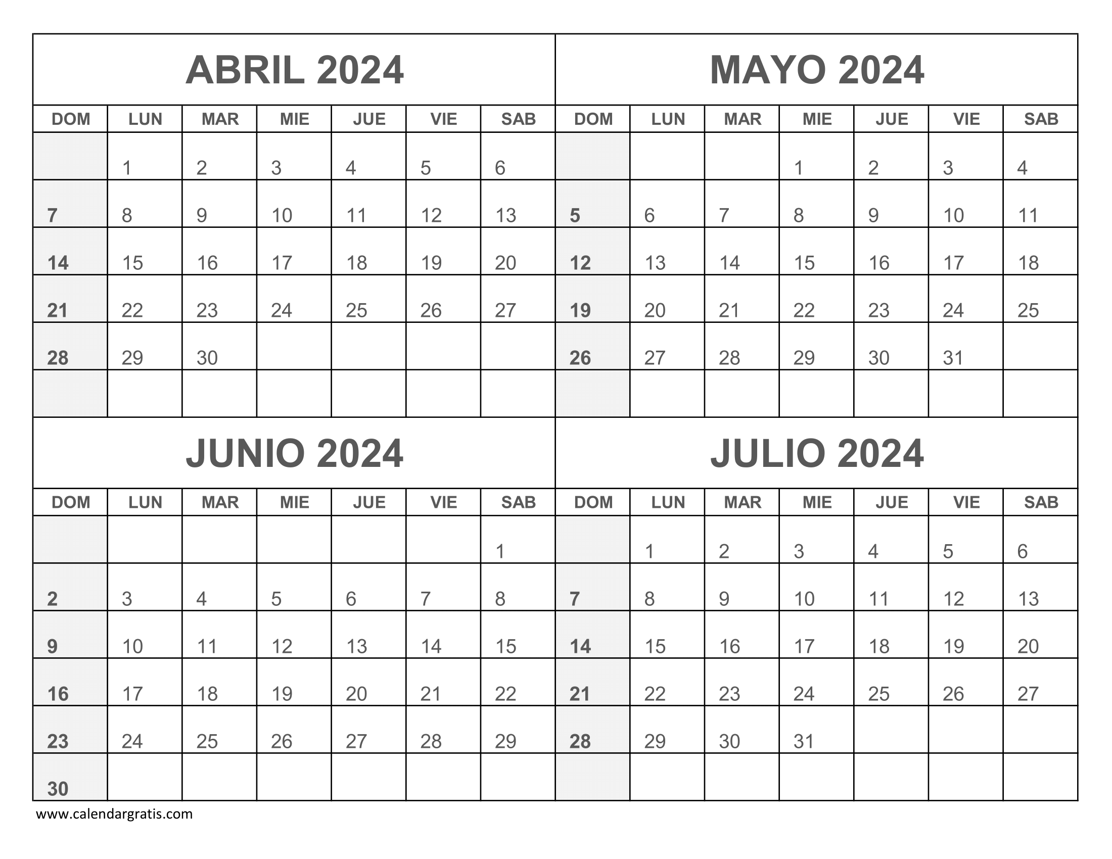 Calendario Abril Mayo Junio y Julio 2024