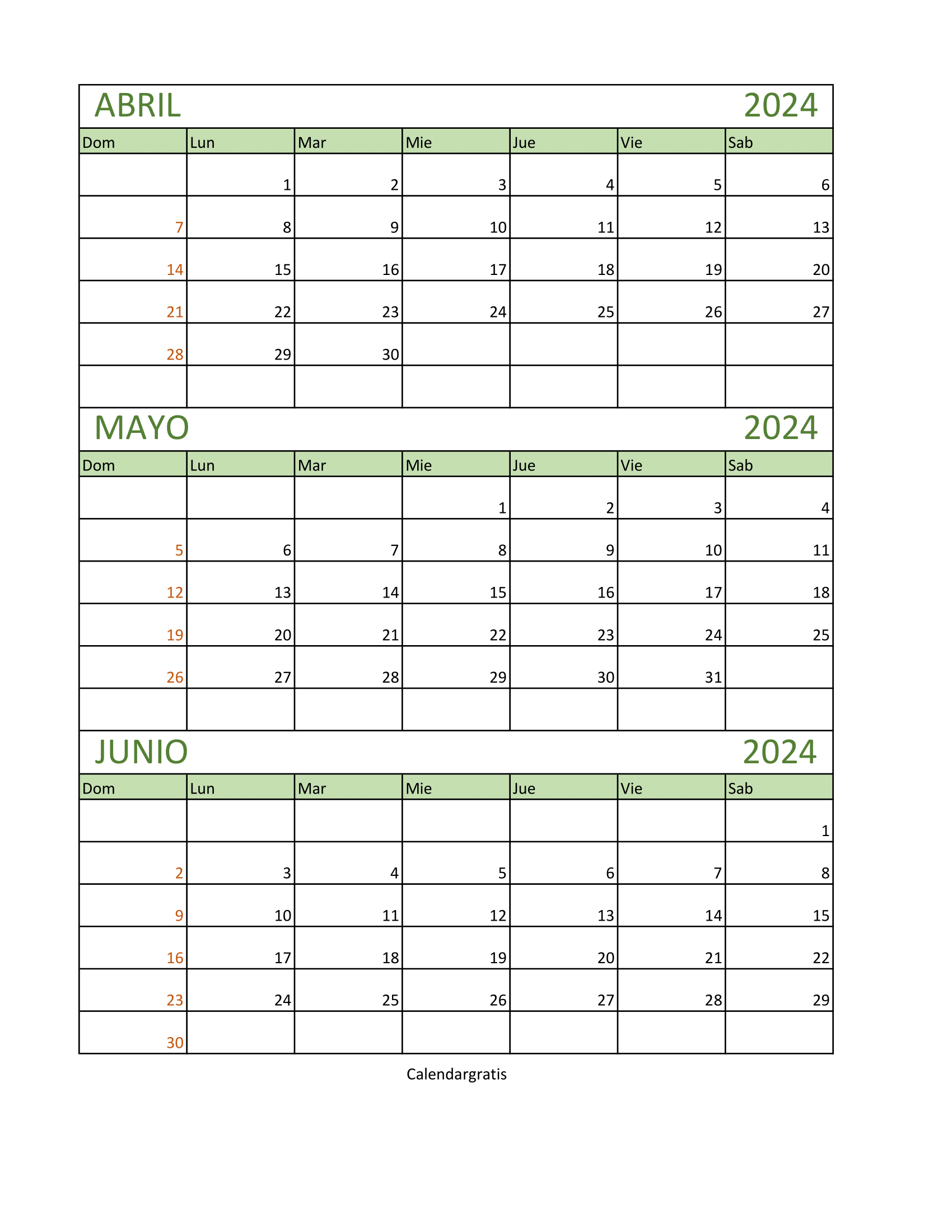 Calendario Abril Mayo y Junio 2024 gratis