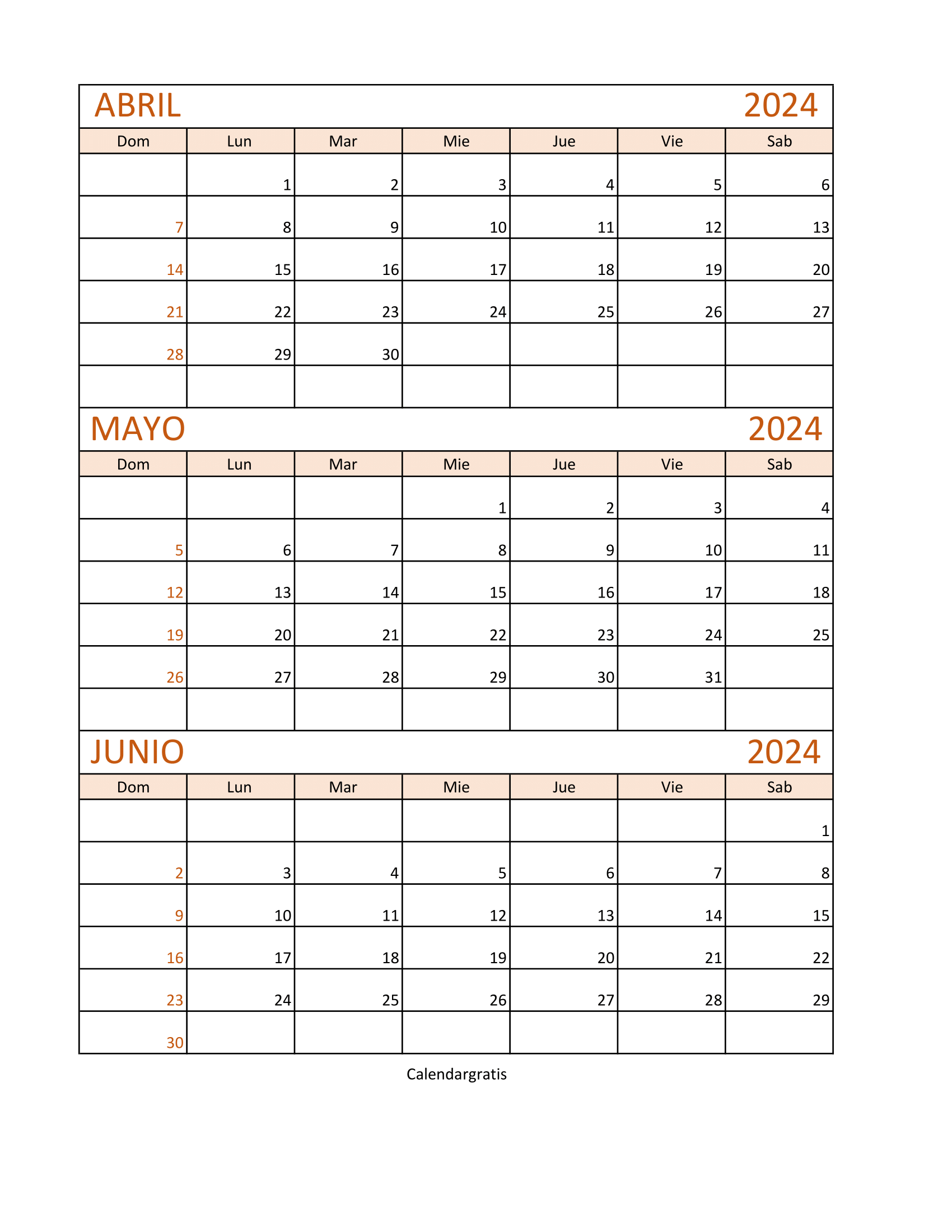 Calendario Abril Mayo y Junio 2024