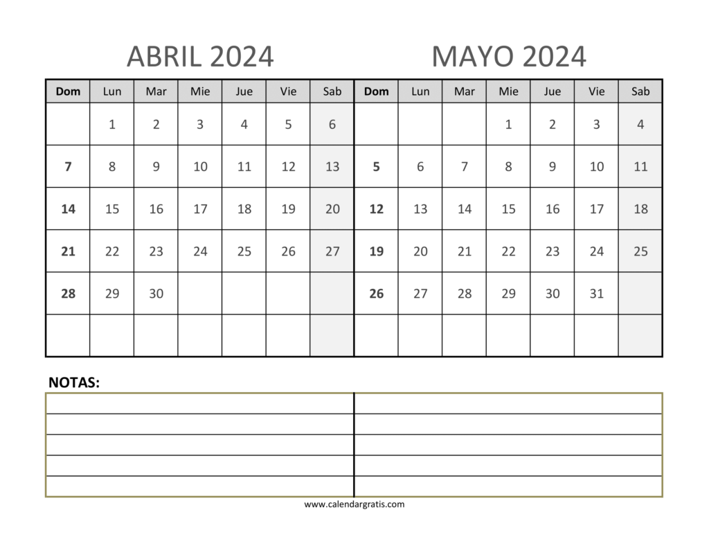 Calendario Abril y Mayo 2024 gratis para imprimir