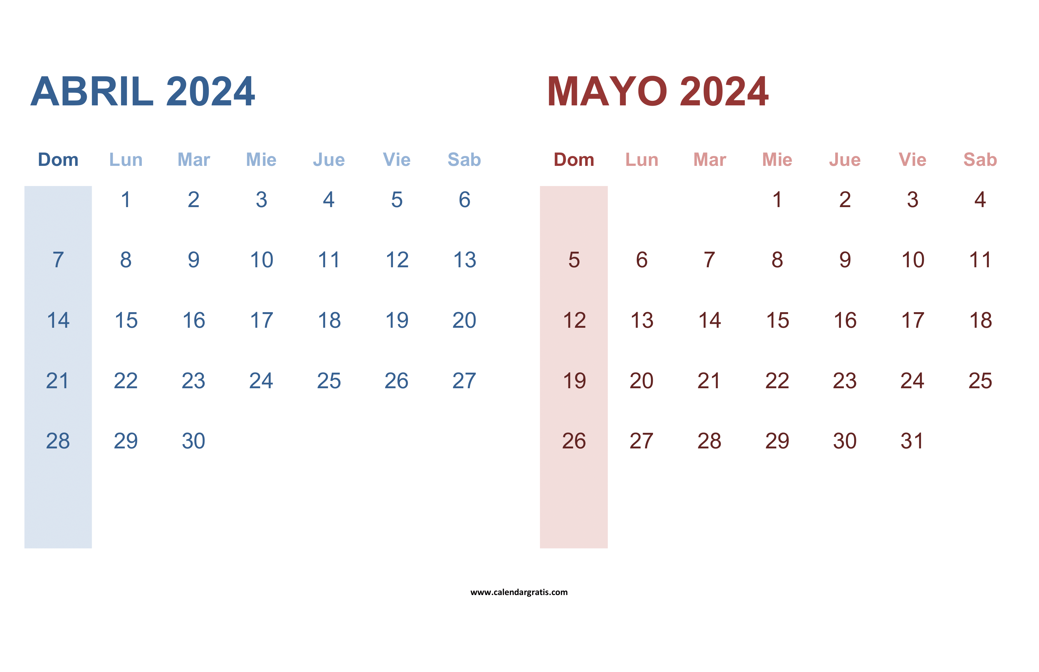 Calendario Abril y Mayo 2024