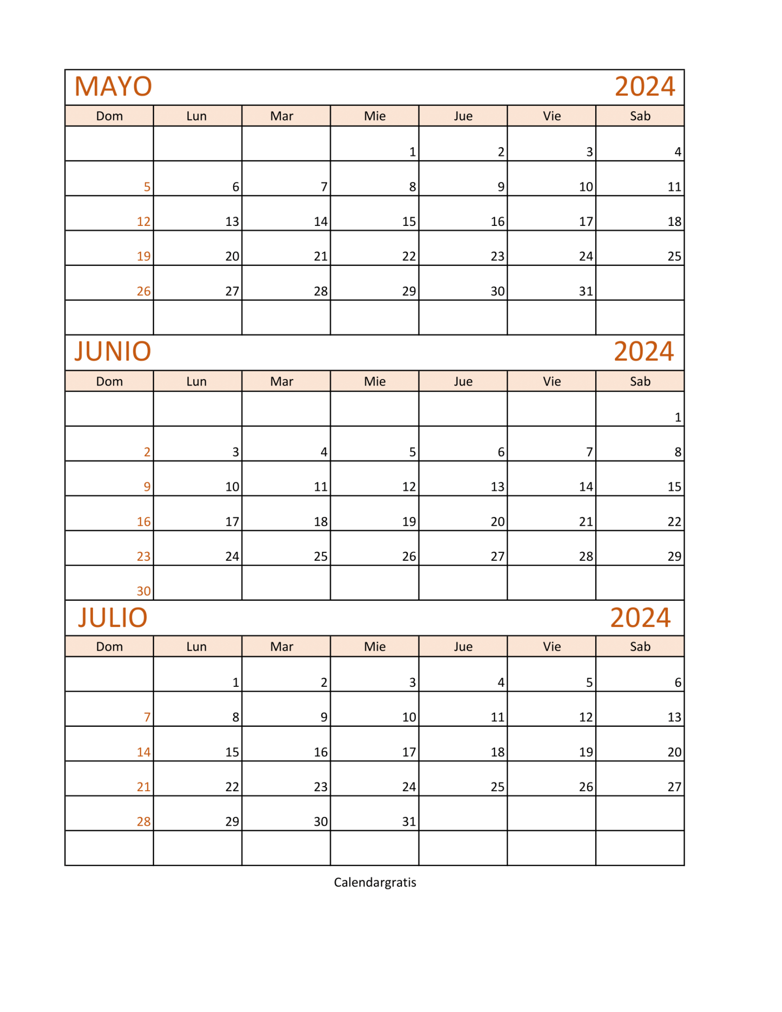 Calendario mayo junio y julio 2024