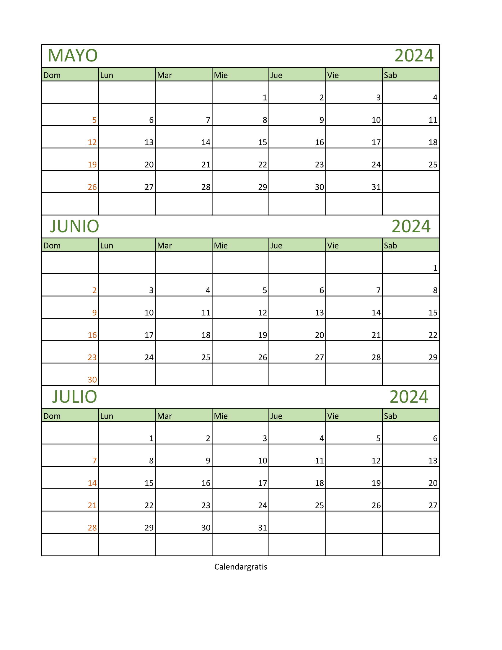 Calendario Mayo Junio y Julio 2024 Gratis