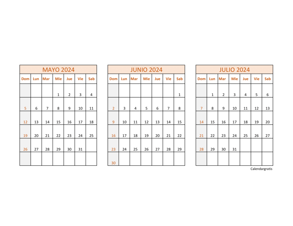 Calendario Mayo Junio y Julio 2024 para imprimir