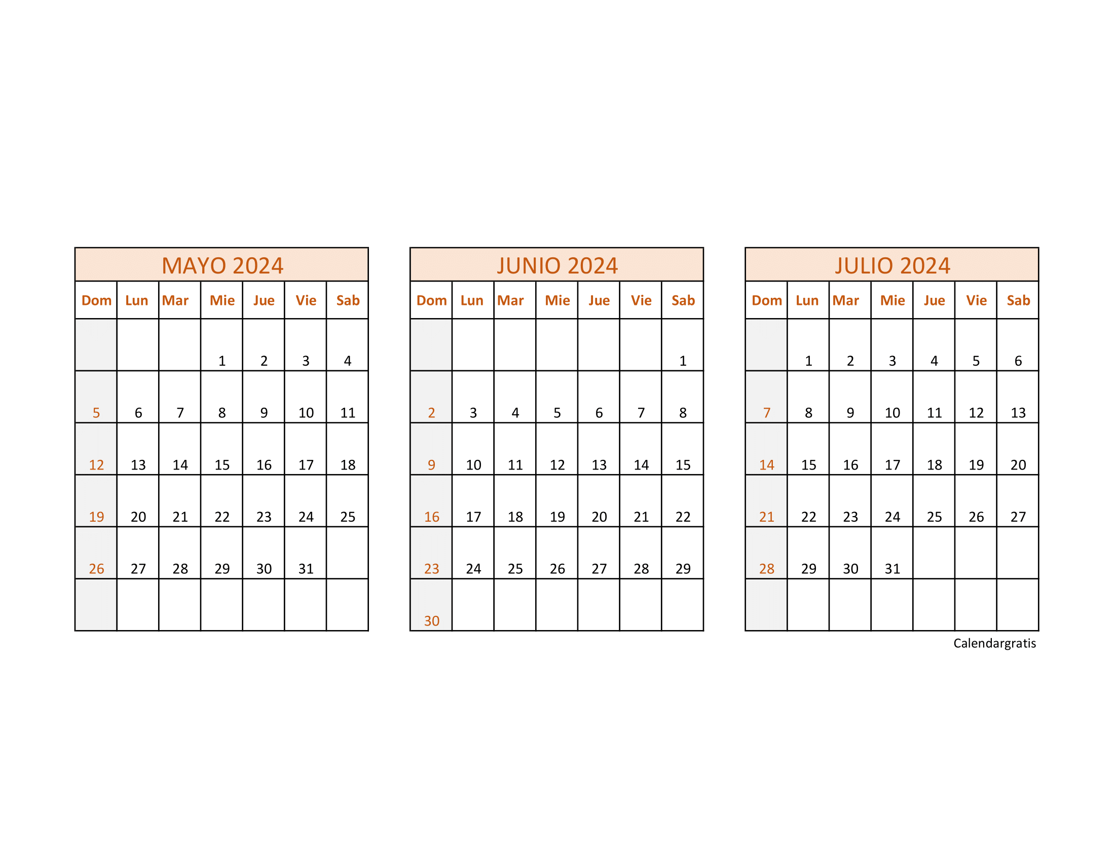 Calendario mayo junio y julio 2024