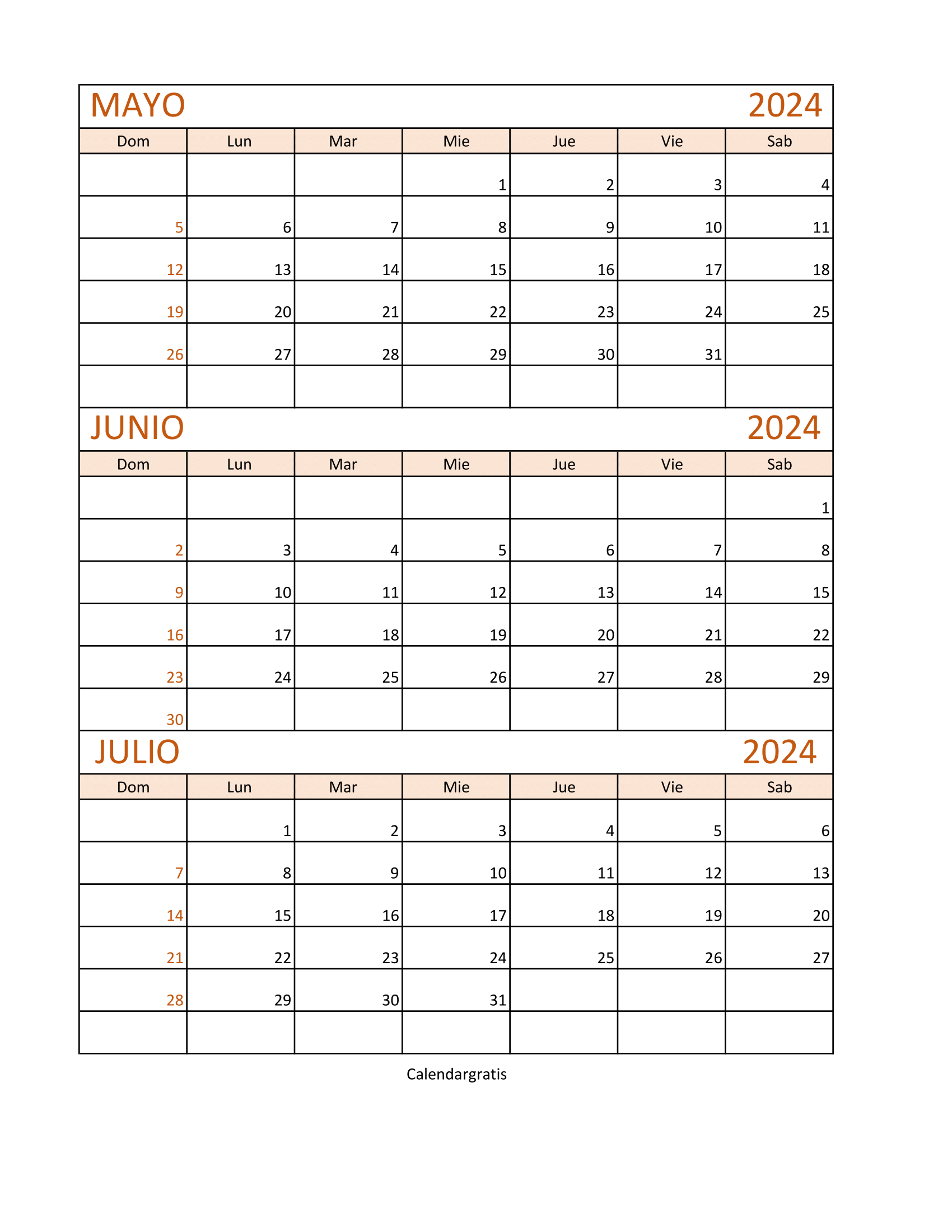 Calendario Mayo Junio y Julio 2024