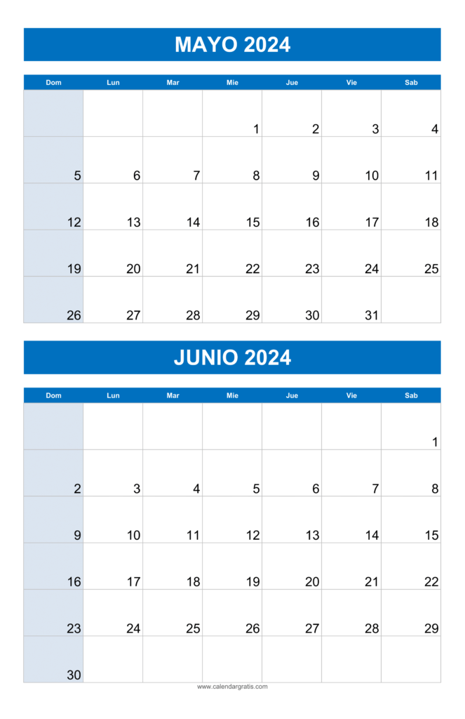 Calendario Mayo y Junio 2024 Gratis