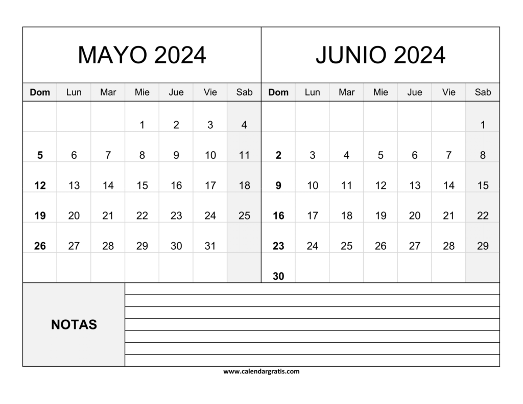 Calendario Mayo y Junio 2024 Notas Gratis